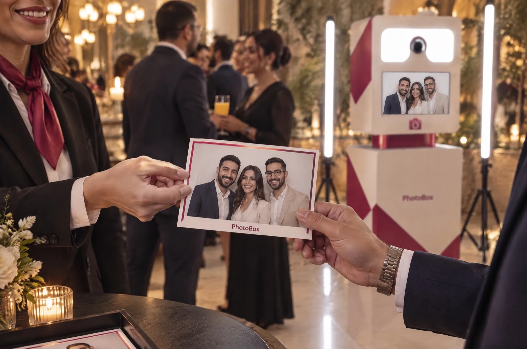 Pendant une réception, une hôtesse et un invité nous présentent le tirage photo de trois invités, devant une borne PhotoBox.