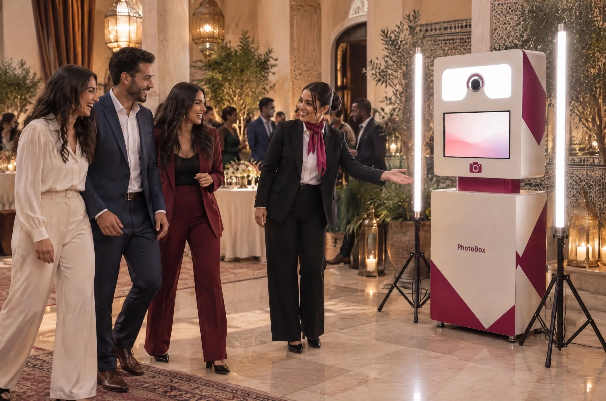 Une hôtesse PhotoBox invite des participants vers la Selfie Box