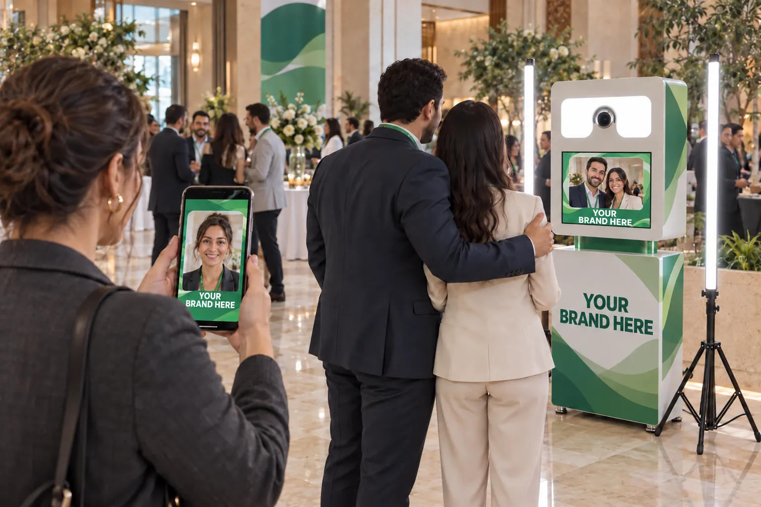 A guest’s phone and the Selfie Box screen show the same portrait frame in your brand colours