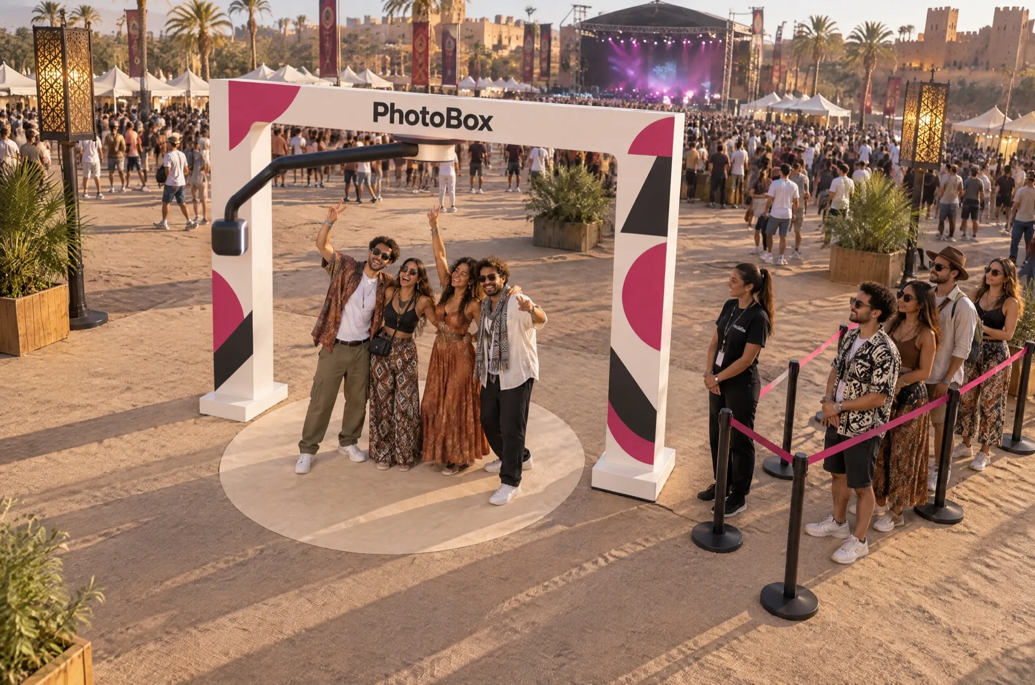 Vue plongeante d’un Air 360° en festival : quatre amis sous le portique, un cercle libre pour le bras et sa caméra, une file guidée par des potelets