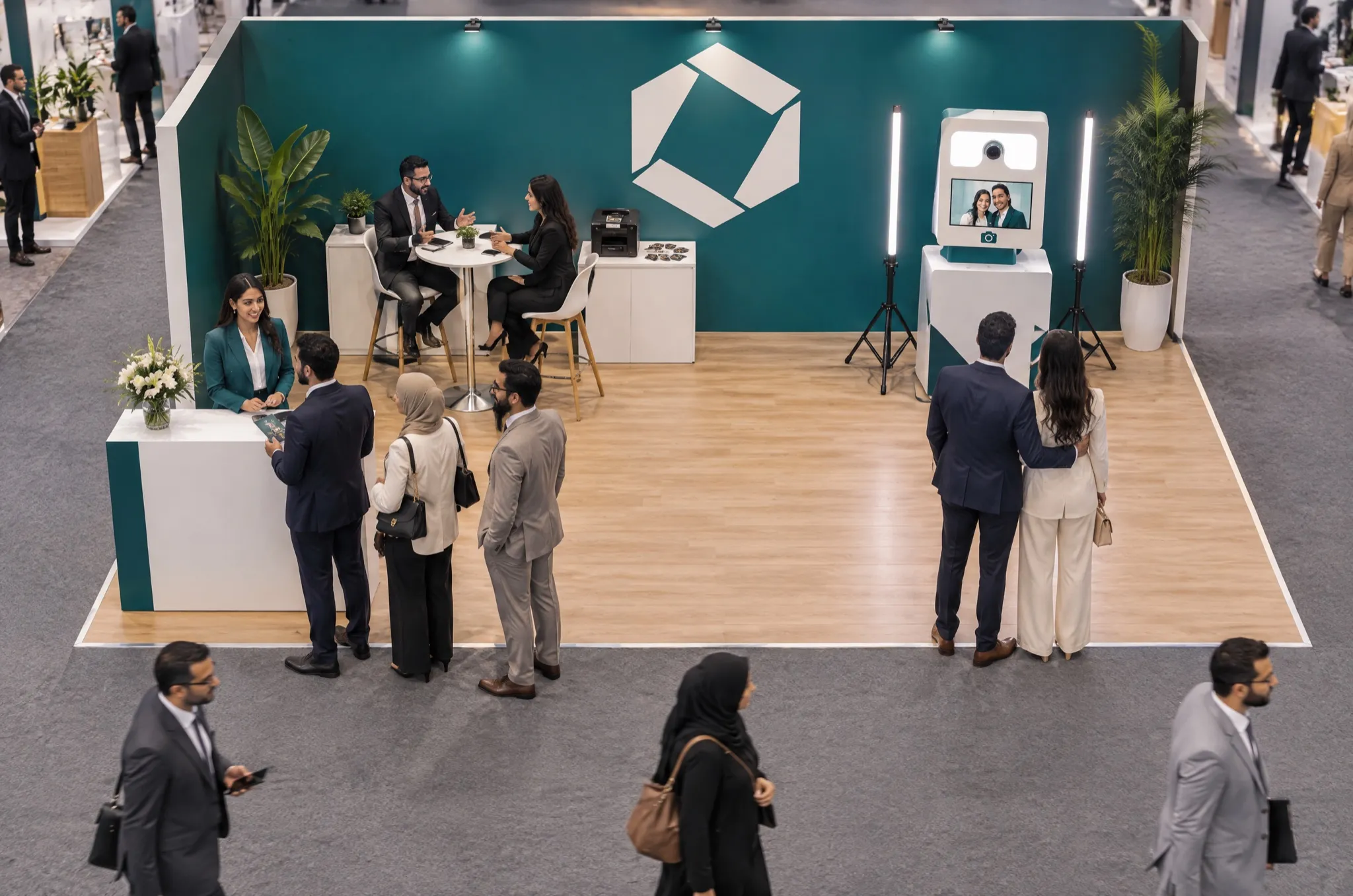 Vue de haut d’un stand de salon : le mur de marque au fond, la borne photo à droite face à un duo, l’accueil à gauche, l’allée libre devant.