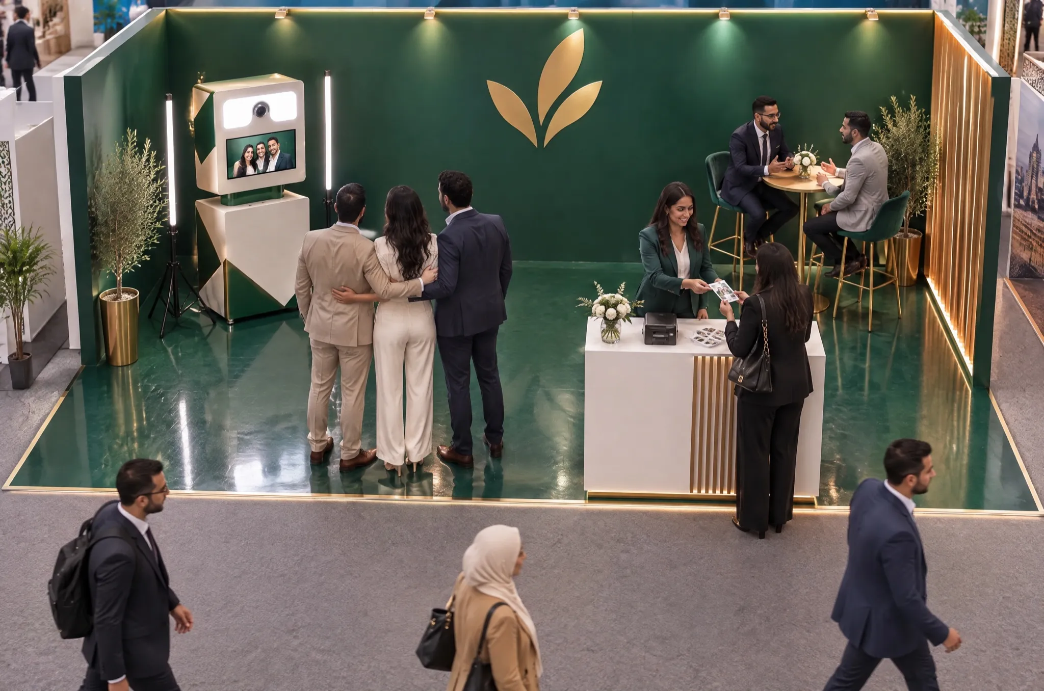 Vue de haut d’un stand vert et or : la borne photo au fond à gauche face à trois collègues, le comptoir des tirages au centre, l’allée libre devant.