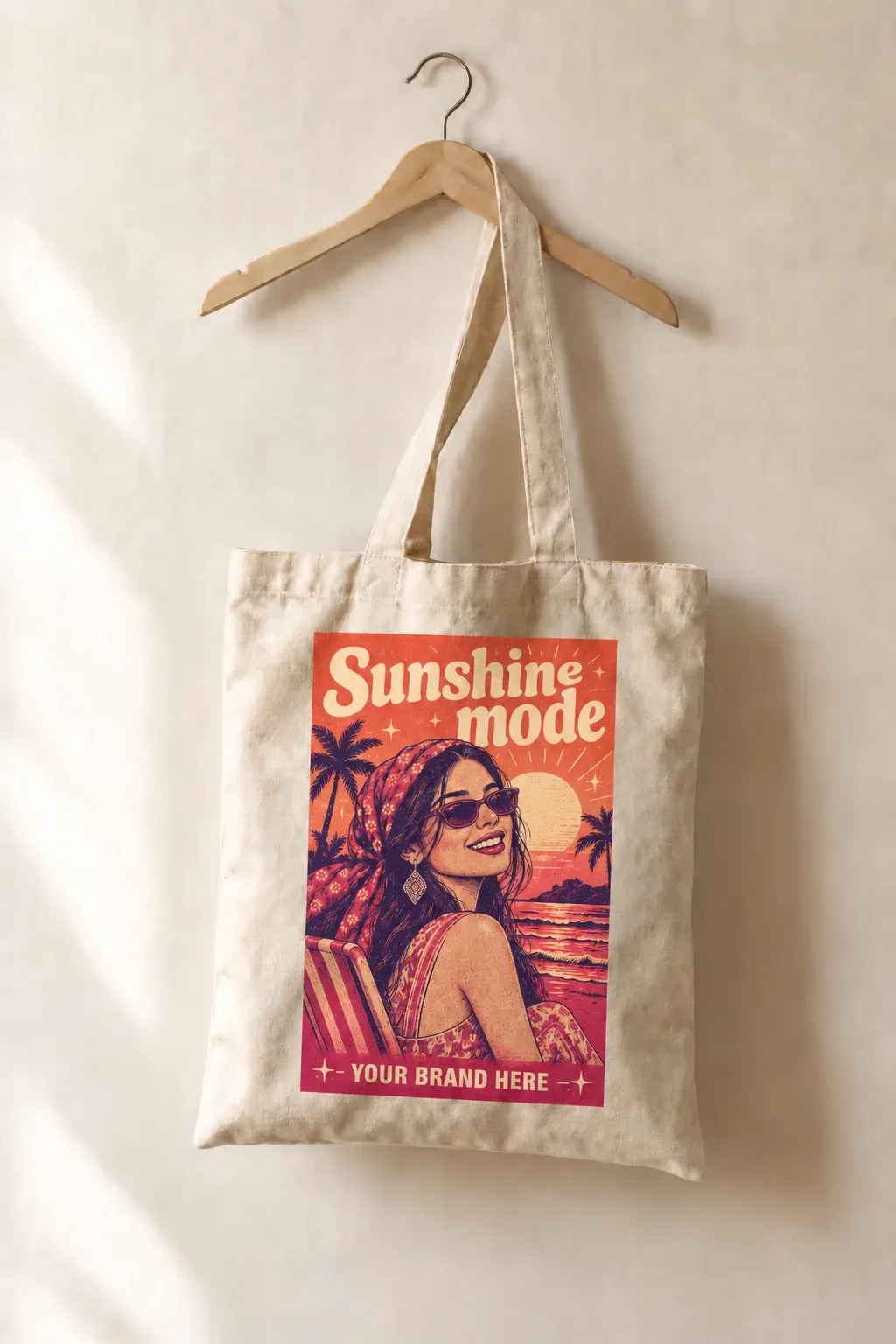A canvas tote bag printed with a “Sunshine mode” campaign poster starring a guest, and “Your brand here”, hanging from a wooden hanger