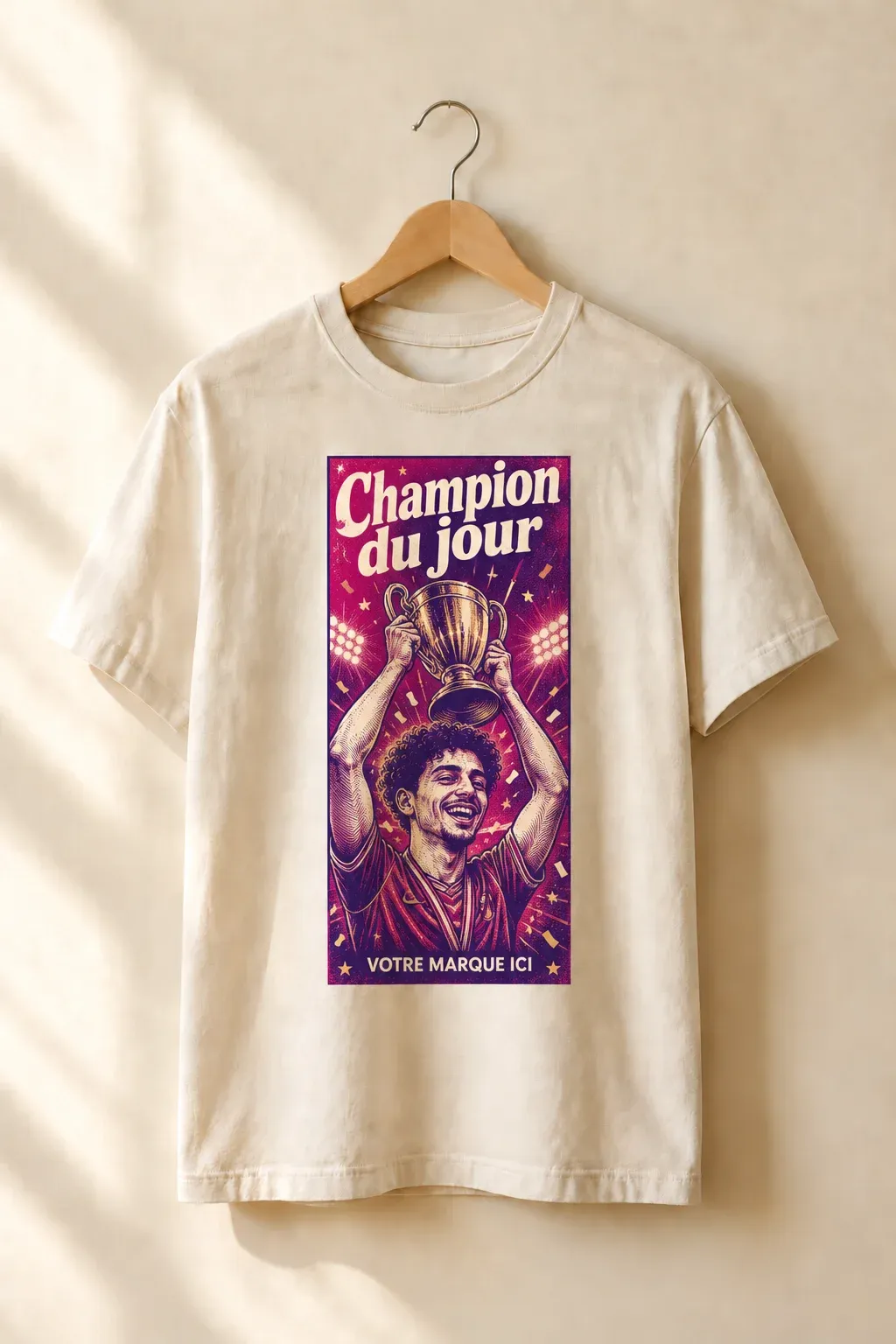 Tee-shirt imprimé d’une affiche de campagne « Champion du jour » : un participant illustré soulève un trophée, suspendu à un cintre en bois