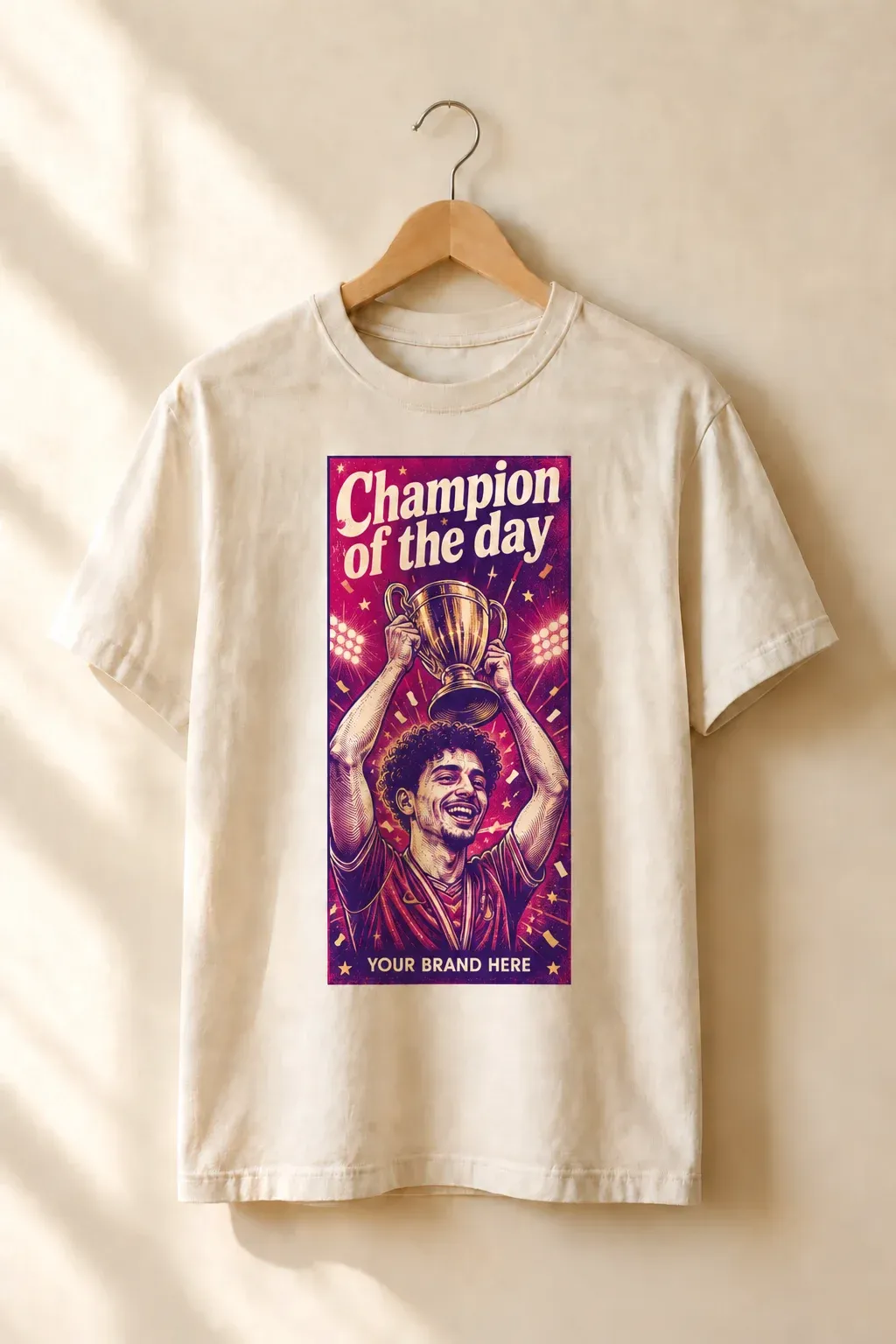 A T-shirt printed with a “Champion of the day” campaign poster starring a guest, and “Your brand here”, hanging from a wooden hanger