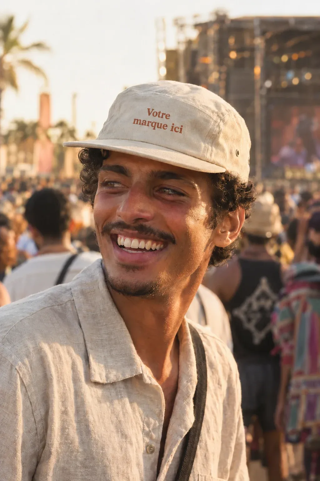 Dans la foule d’un festival, un jeune homme sourit sous la casquette imprimée avec la mention « Votre marque ici »
