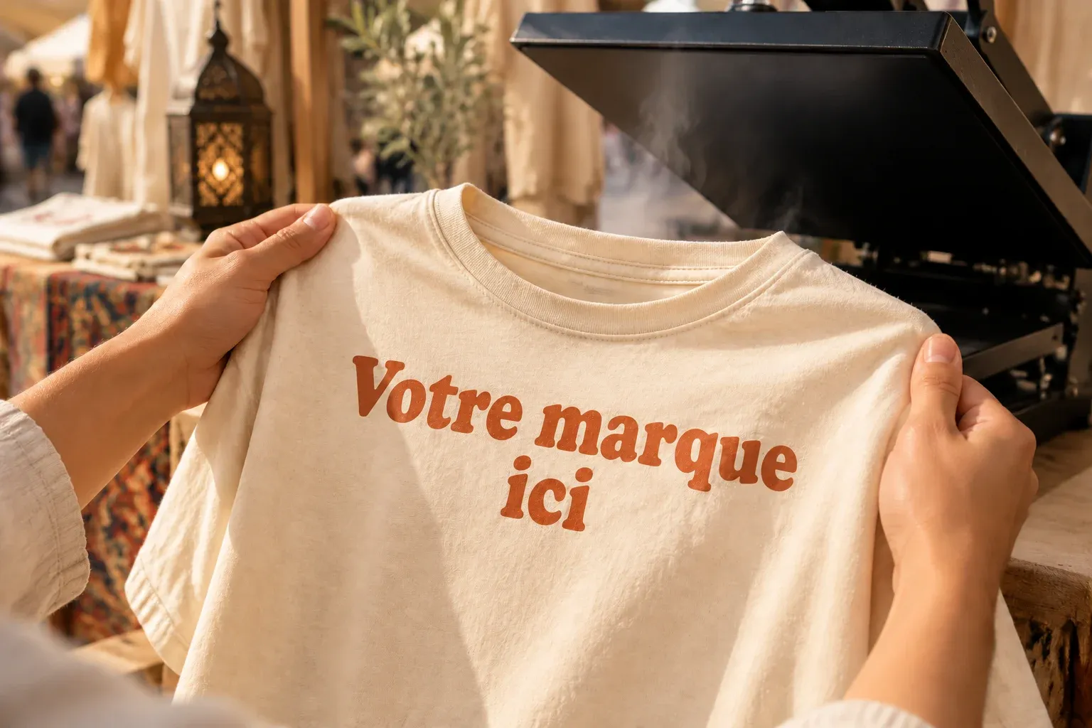 Un tee-shirt personnalisé présenté à la sortie de la presse à chaud