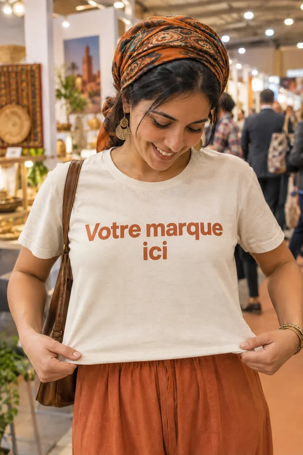 Dans un pop-up store, une visiteuse découvre sur elle le tee-shirt imprimé avec la mention « Votre marque ici »