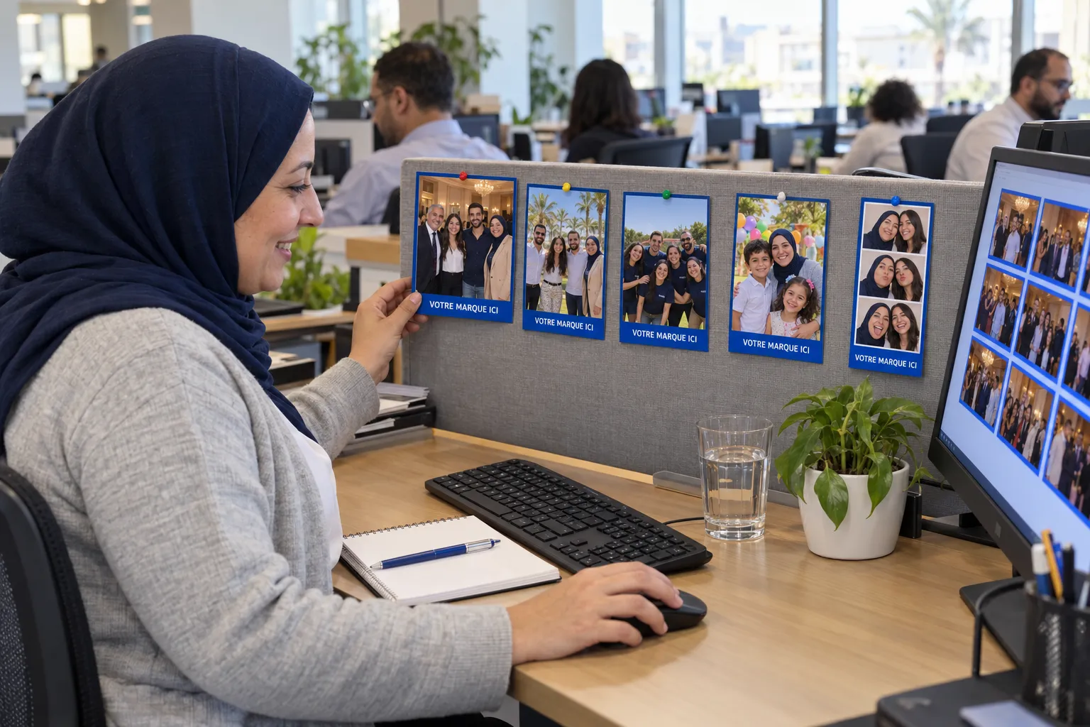 À son bureau, une collaboratrice en hijab sourit devant ses tirages au cadre bleu de l’entreprise : soirée annuelle, séminaire, team building