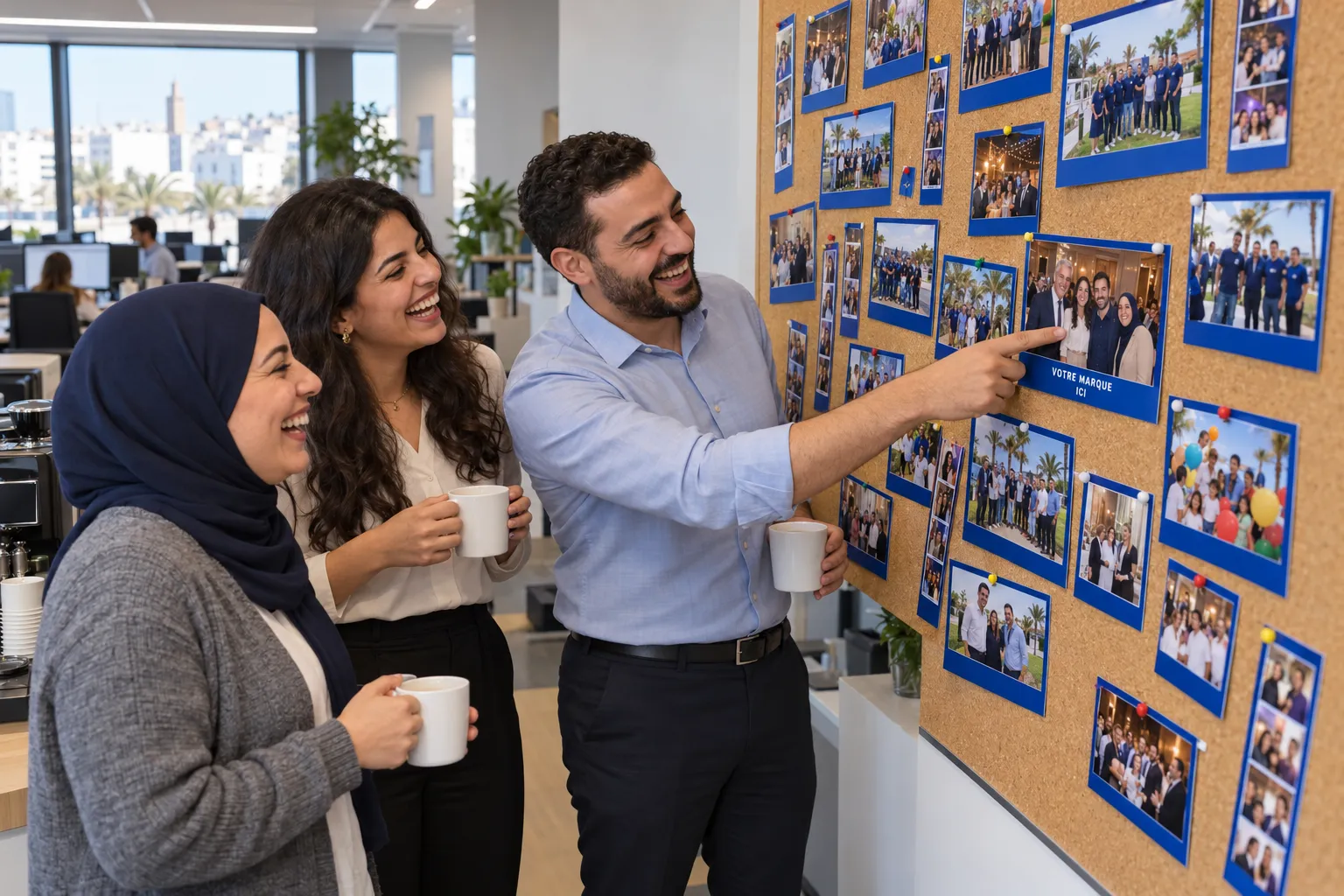 À la pause café, trois collègues éclatent de rire devant un mur de tirages ; l’un montre la photo de la soirée annuelle où ils posent ensemble