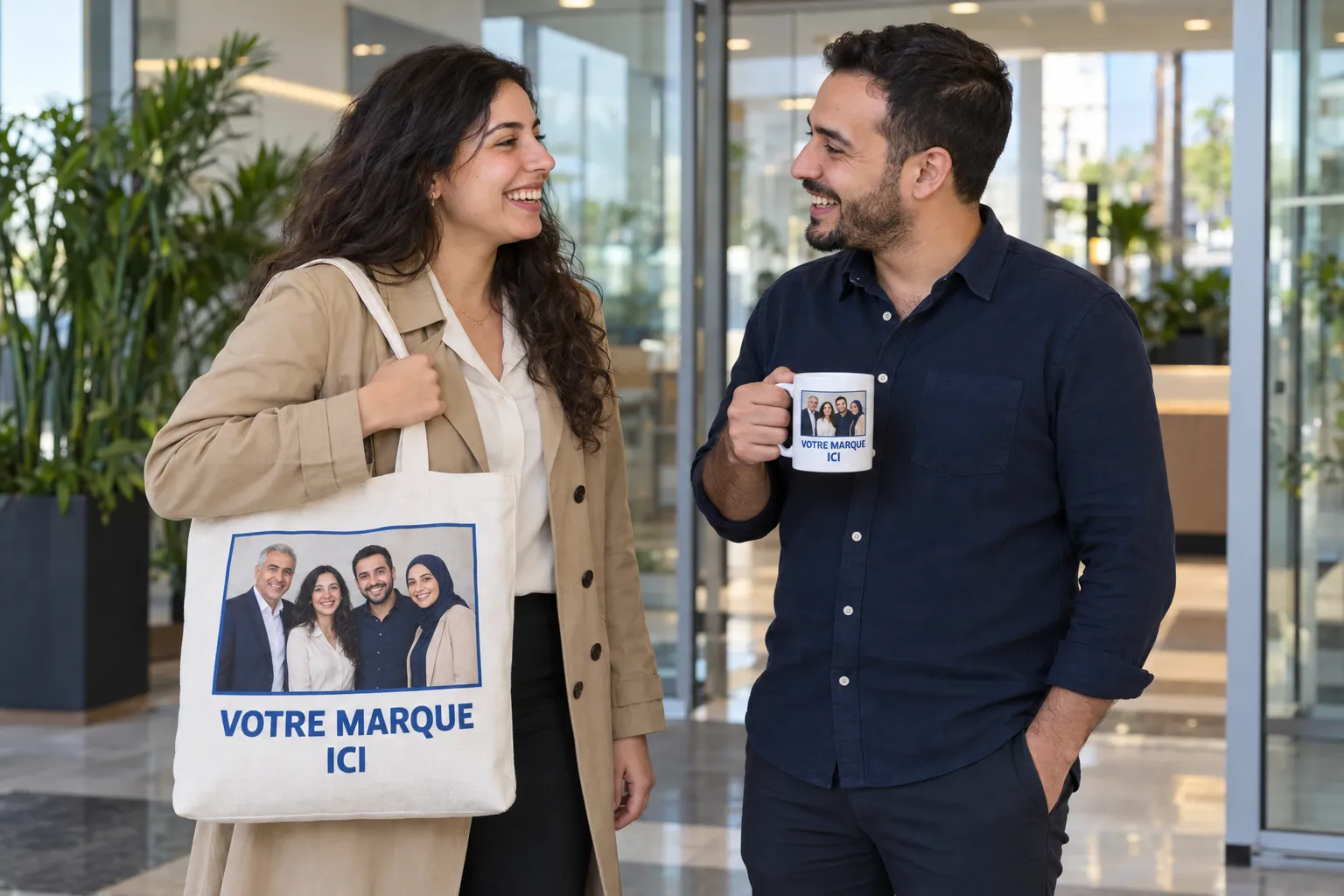 À l’entrée des bureaux, une collaboratrice porte un tote bag imprimé du portrait de son équipe ; son collègue tient une tasse au même visuel