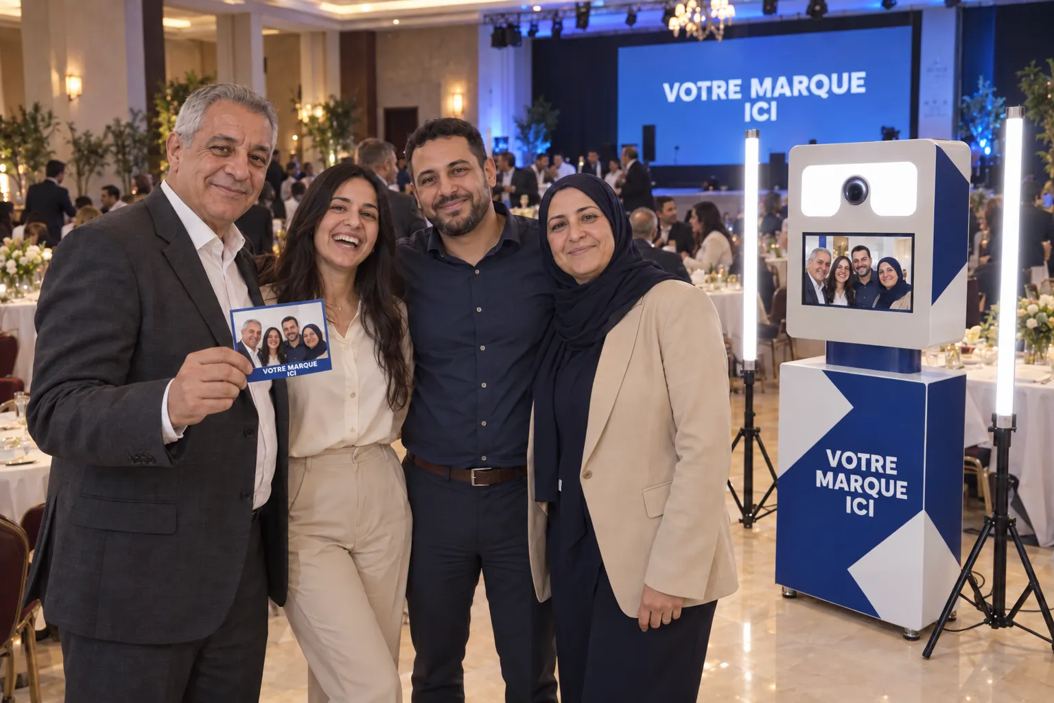 Quatre collègues présentent leur tirage devant une Selfie Box aux couleurs de votre marque pendant une soirée d’entreprise