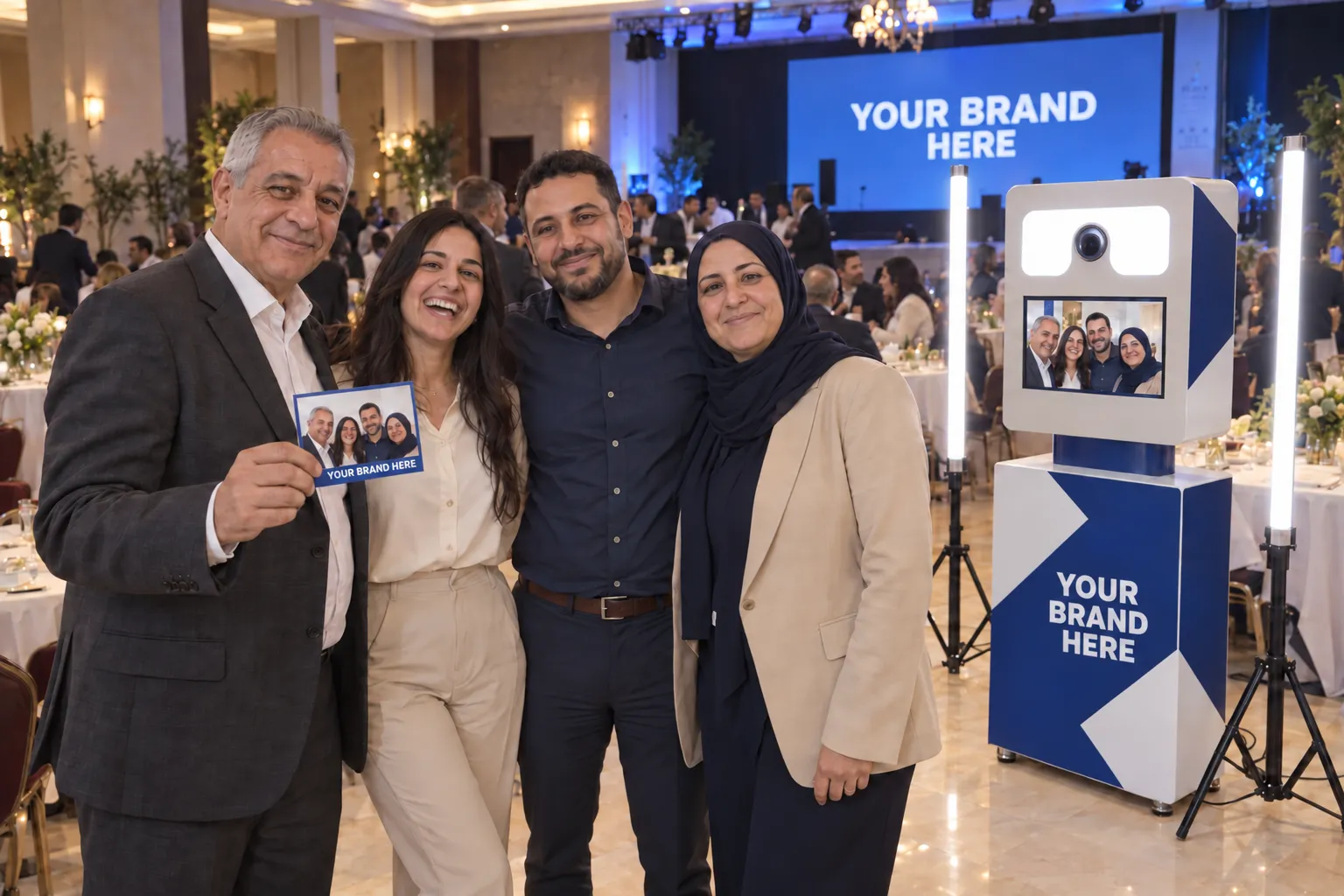 Four colleagues show their print beside a Selfie Box in your brand colours at a company celebration
