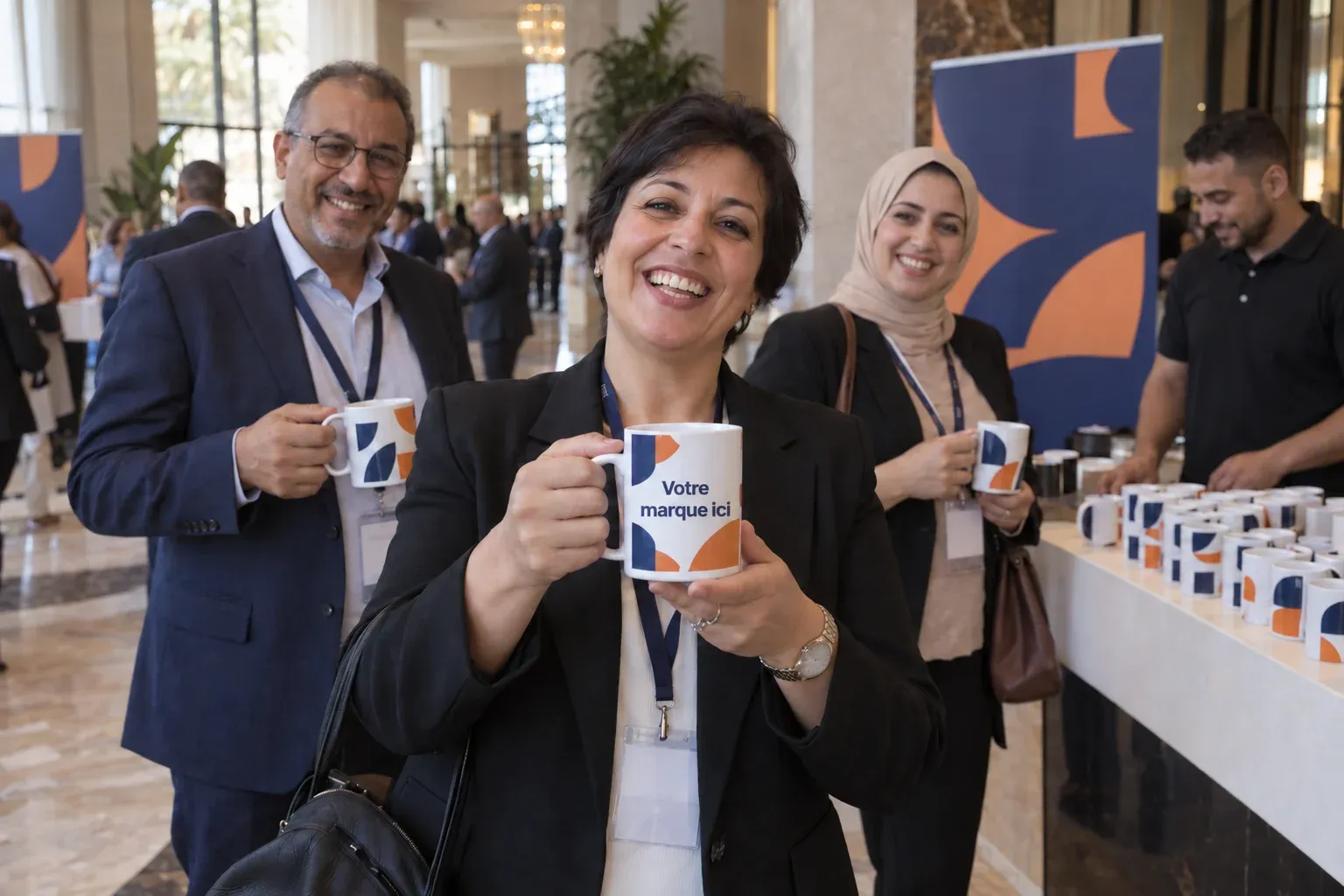 À une convention, une collaboratrice présente son mug personnalisé avec ses collègues devant le comptoir de remise