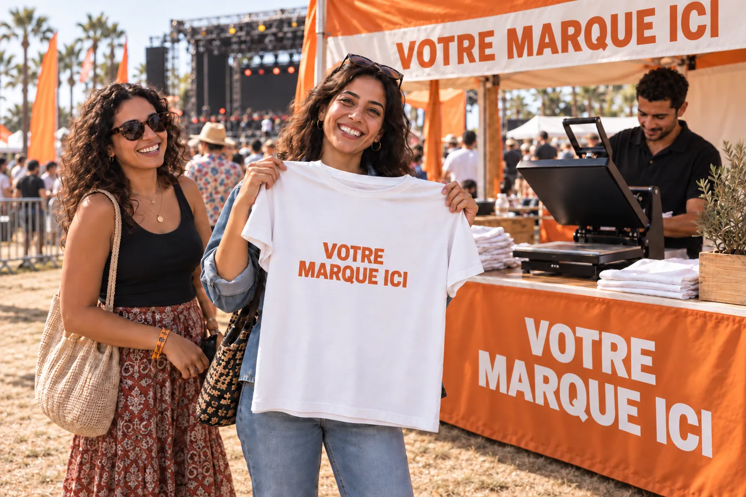 Une invitée présente son tee-shirt aux couleurs de votre marque devant l’atelier Live Print.