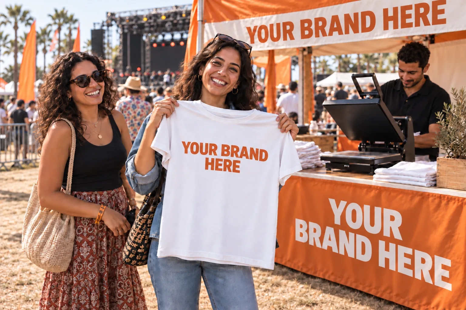 At a festival, a guest shows her T-shirt in your brand colours beside the Live Print workshop