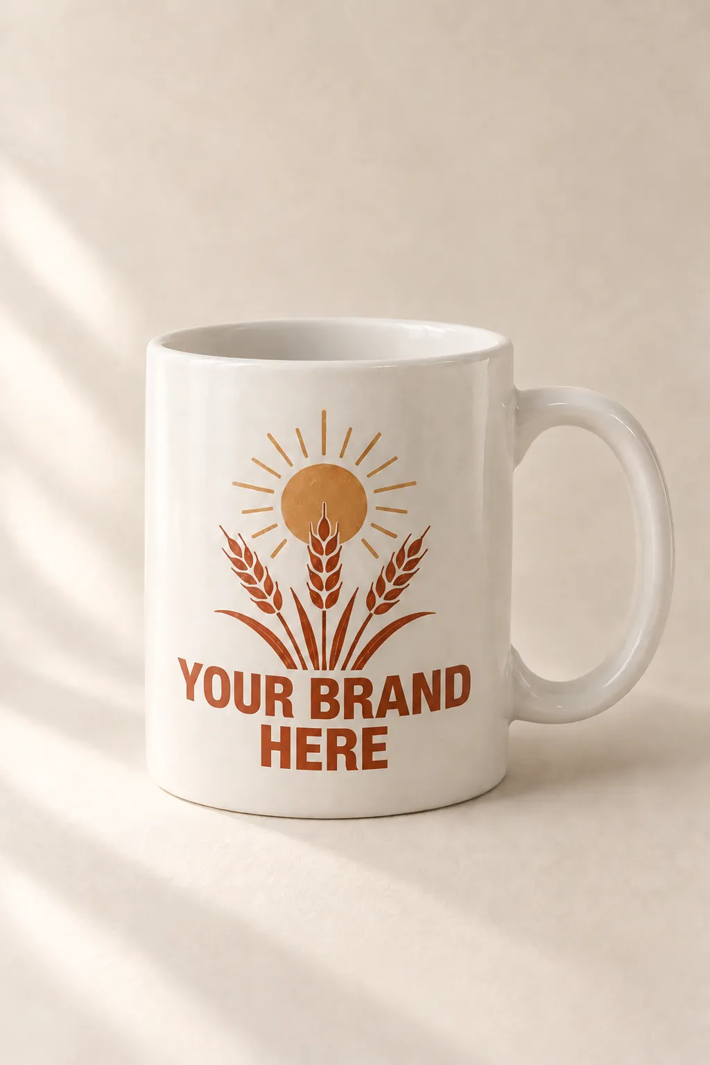 A white mug in your brand colours, with a wheat and sun design
