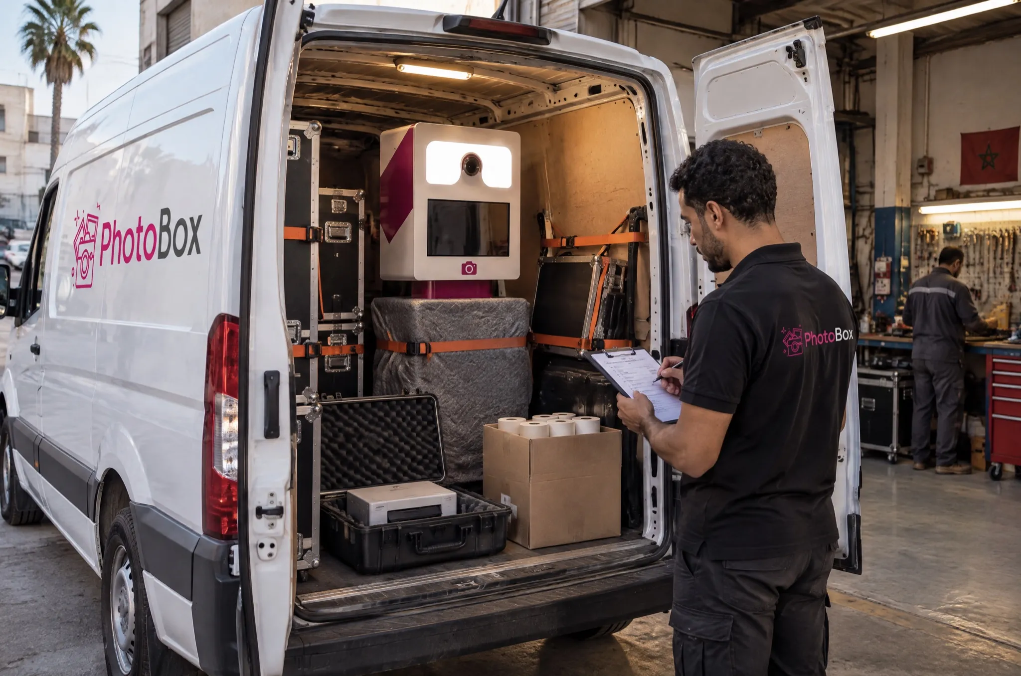 Un technicien vérifie le chargement d’une borne photo dans l’utilitaire PhotoBox.