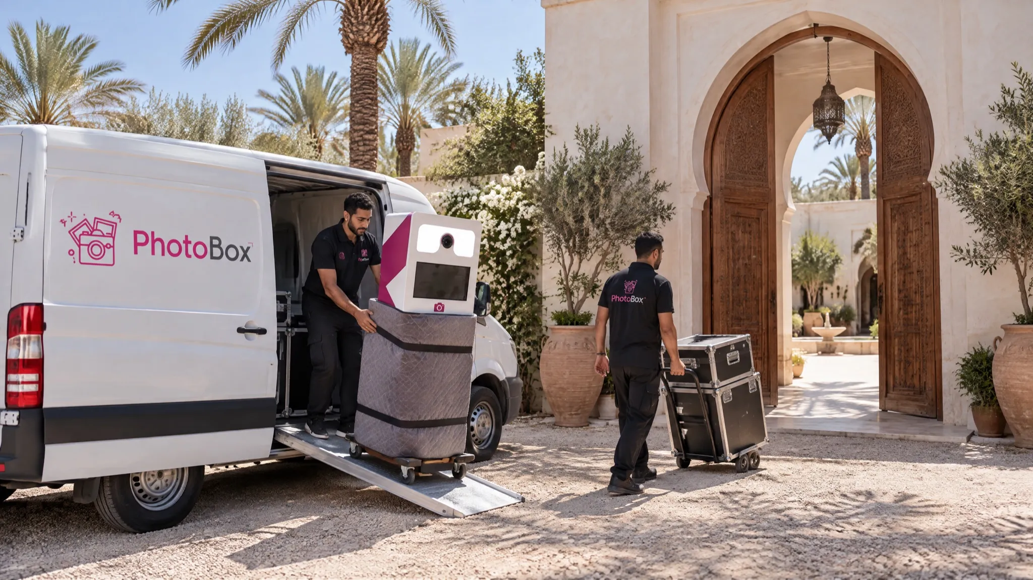 The team unloads a PhotoBox booth in front of the venue before guests arrive