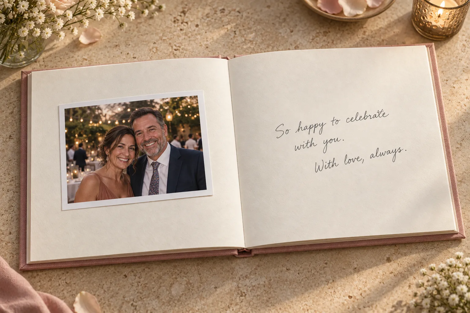 An open ivory paper guestbook with a pasted portrait of two guests and a handwritten message in English