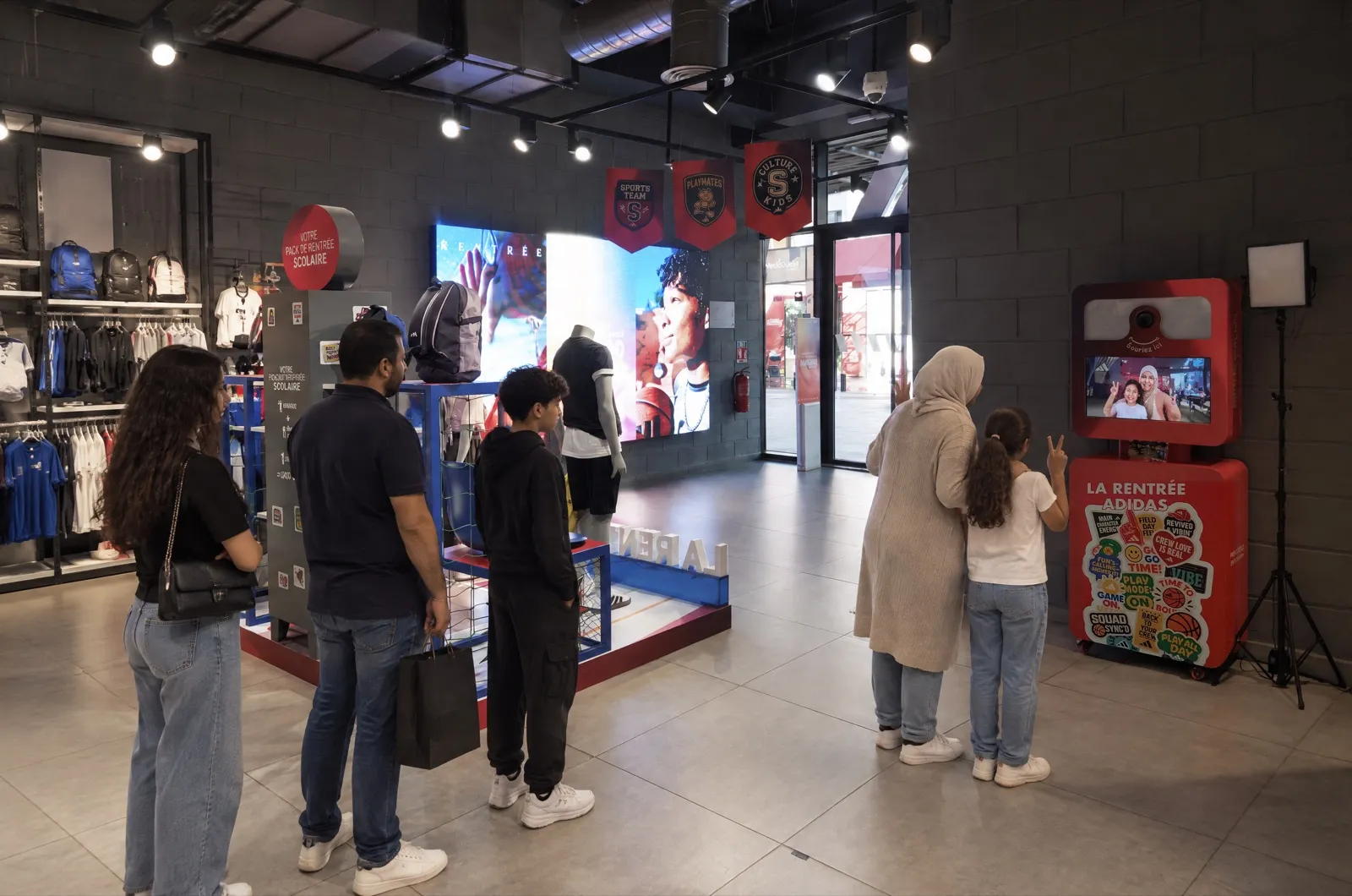 Vue du magasin, la borne « La Rentrée » au milieu des rayons, des clients attendent leur tour