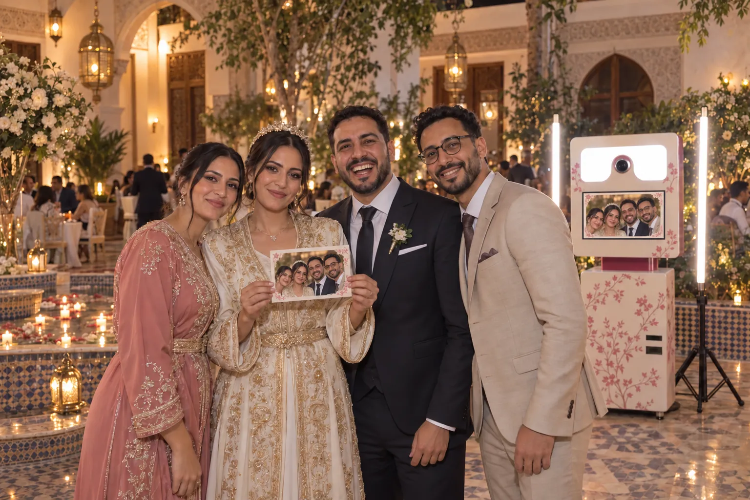 Les mariés et deux amis présentent leur tirage devant la Selfie Box fleurie dans la cour d’un riad