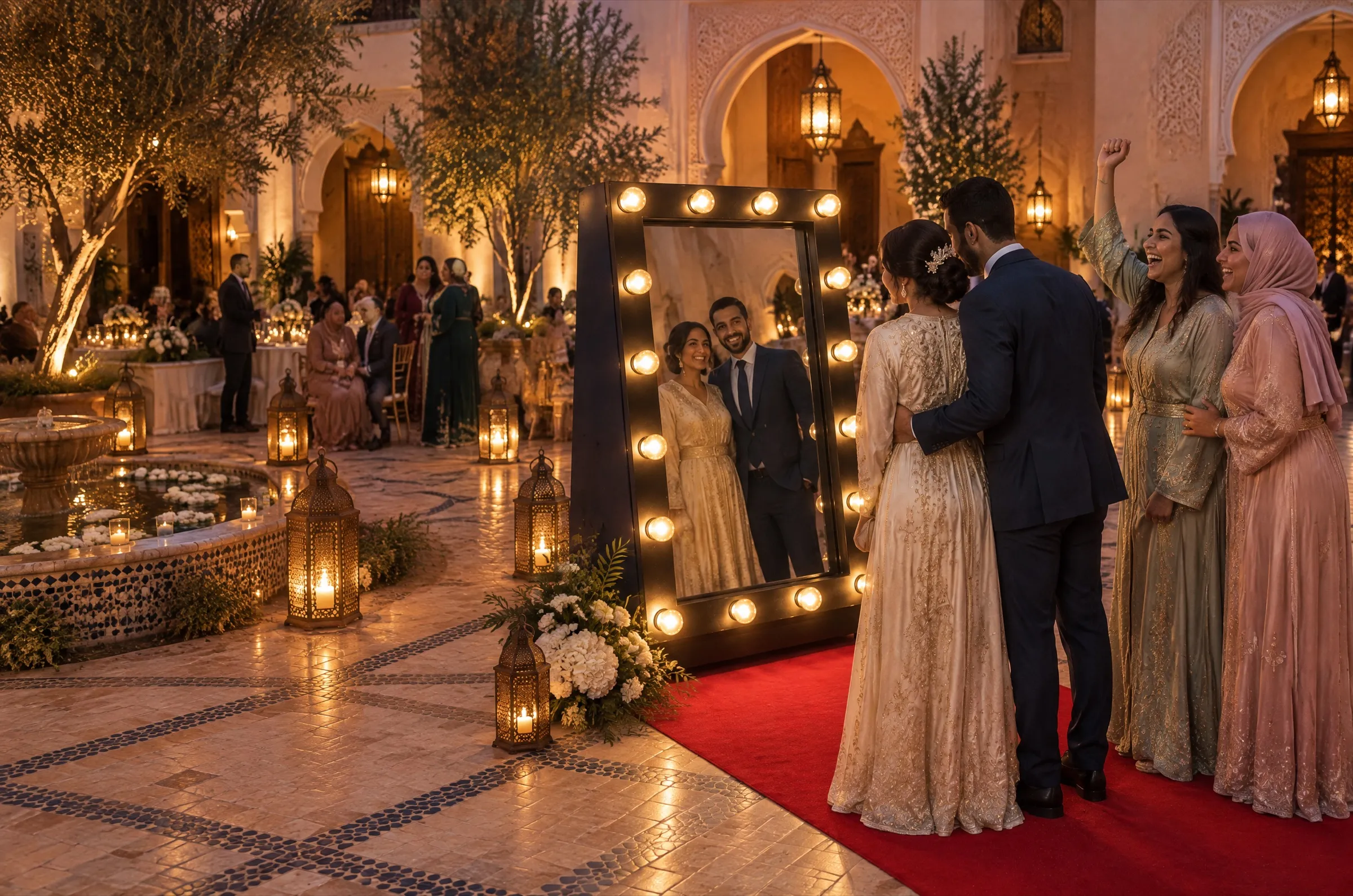 A bride and groom pose in front of a bulb-lit photo mirror in a riad courtyard, surrounded by their family