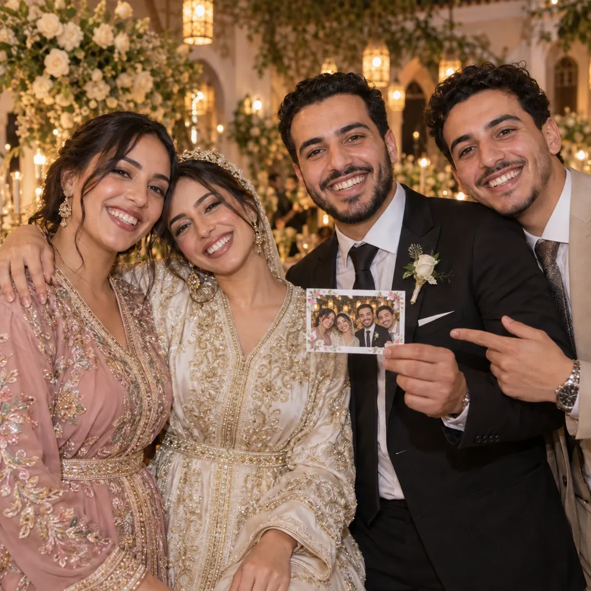 The couple and their loved ones share a printed memory