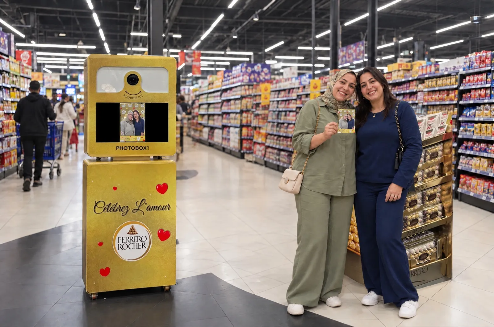 Chez Marjane, deux amies montrent leur tirage devant le présentoir de chocolats Ferrero Rocher, la borne dorée à quelques pas