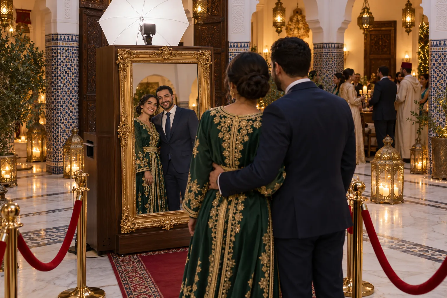 Un couple prend la pose face au Miroir Magique doré dans un riad