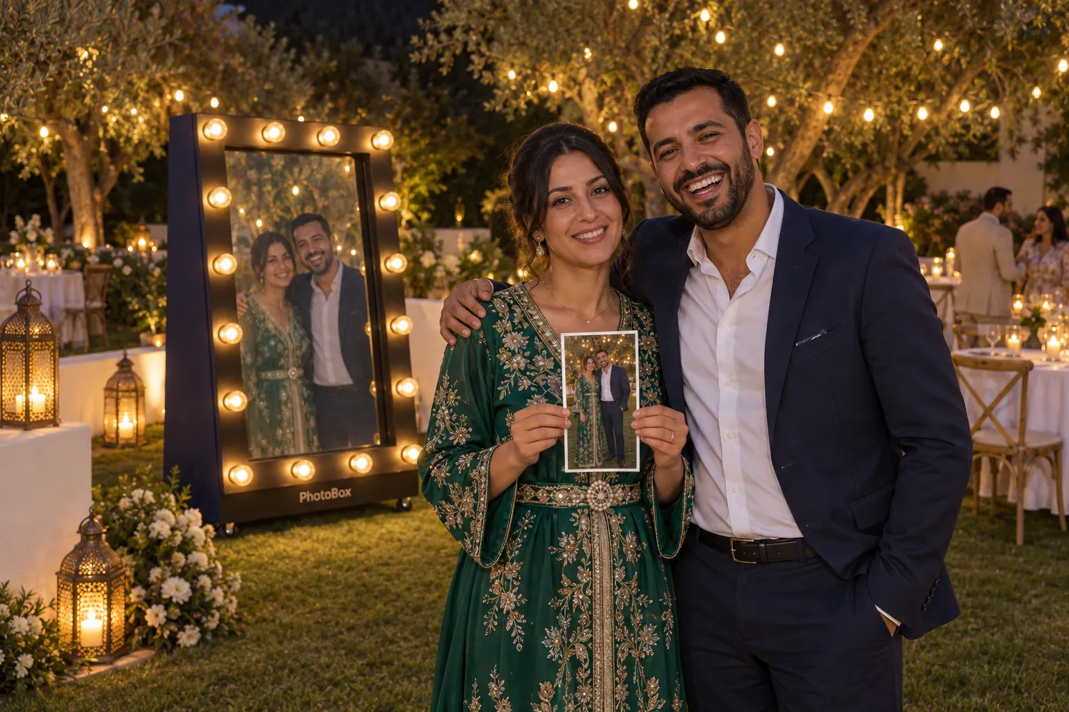 A couple shows their print in front of the bulb-framed photo mirror displaying the same portrait