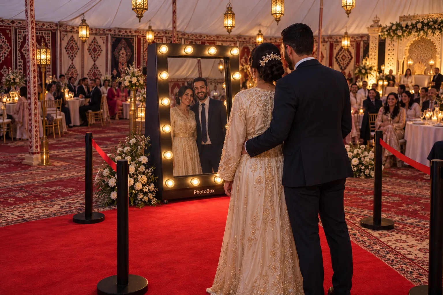 Les mariés posent face au Miroir Magique, le photobooth miroir à ampoules, sous une tente de réception