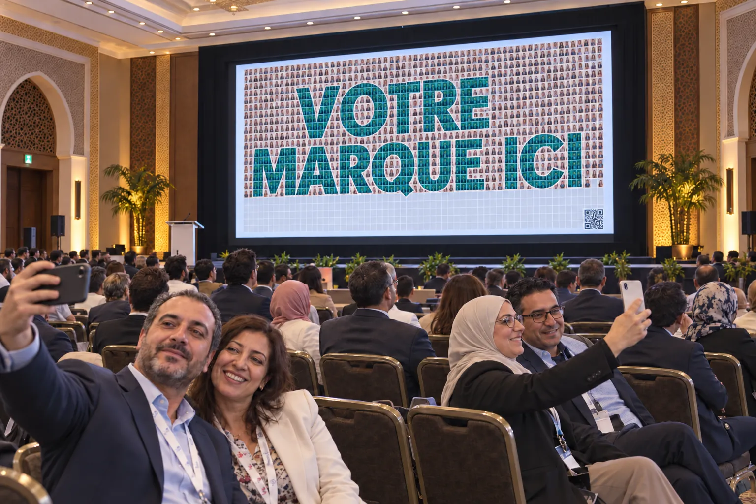 Dans une salle de congrès, des participants prennent leur selfie depuis leur siège tandis que la fresque « VOTRE MARQUE ICI » se remplit à l’écran