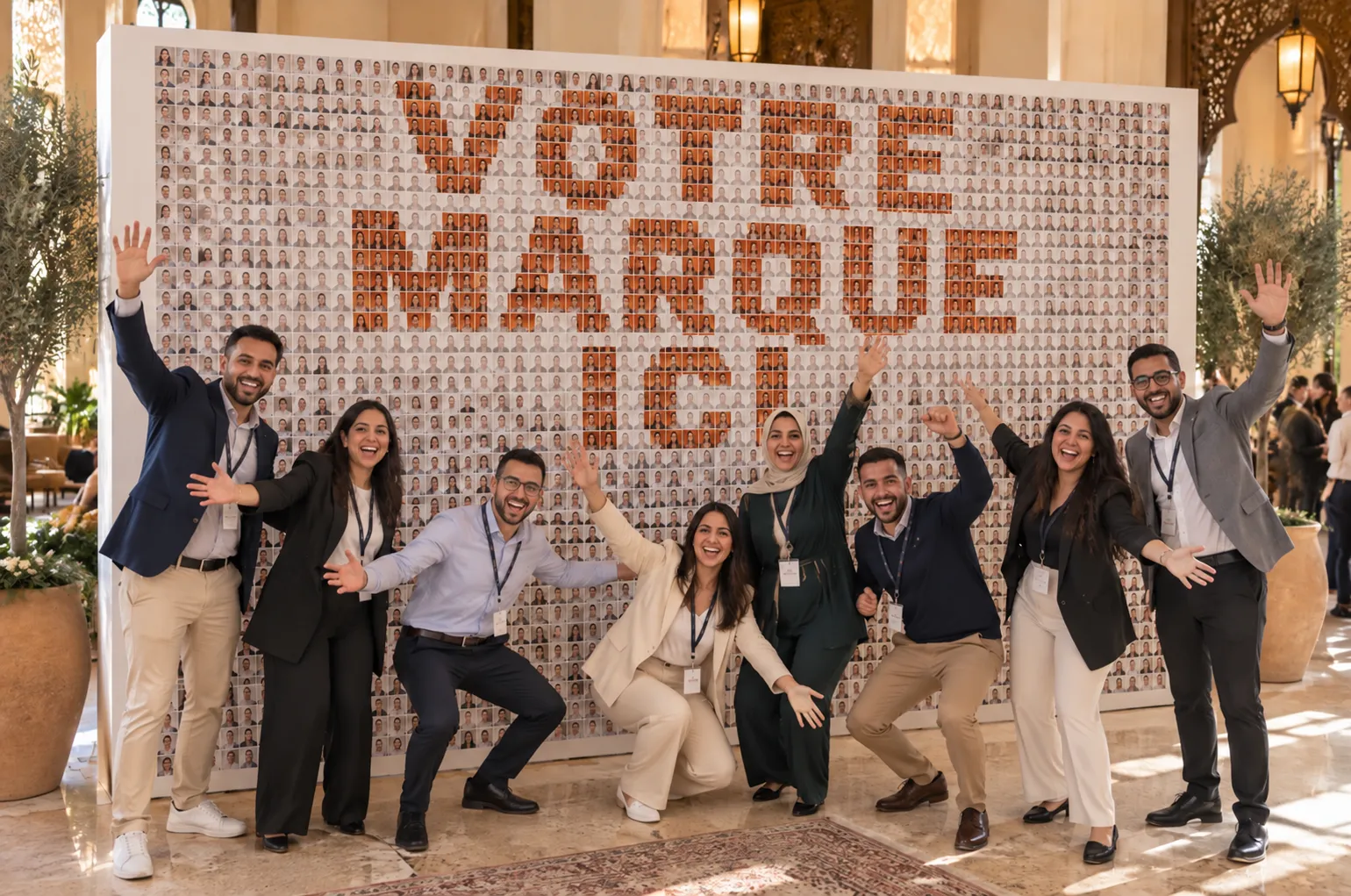 Une équipe pose devant la mosaïque terminée d’une convention : les portraits des participants forment « VOTRE MARQUE ICI »