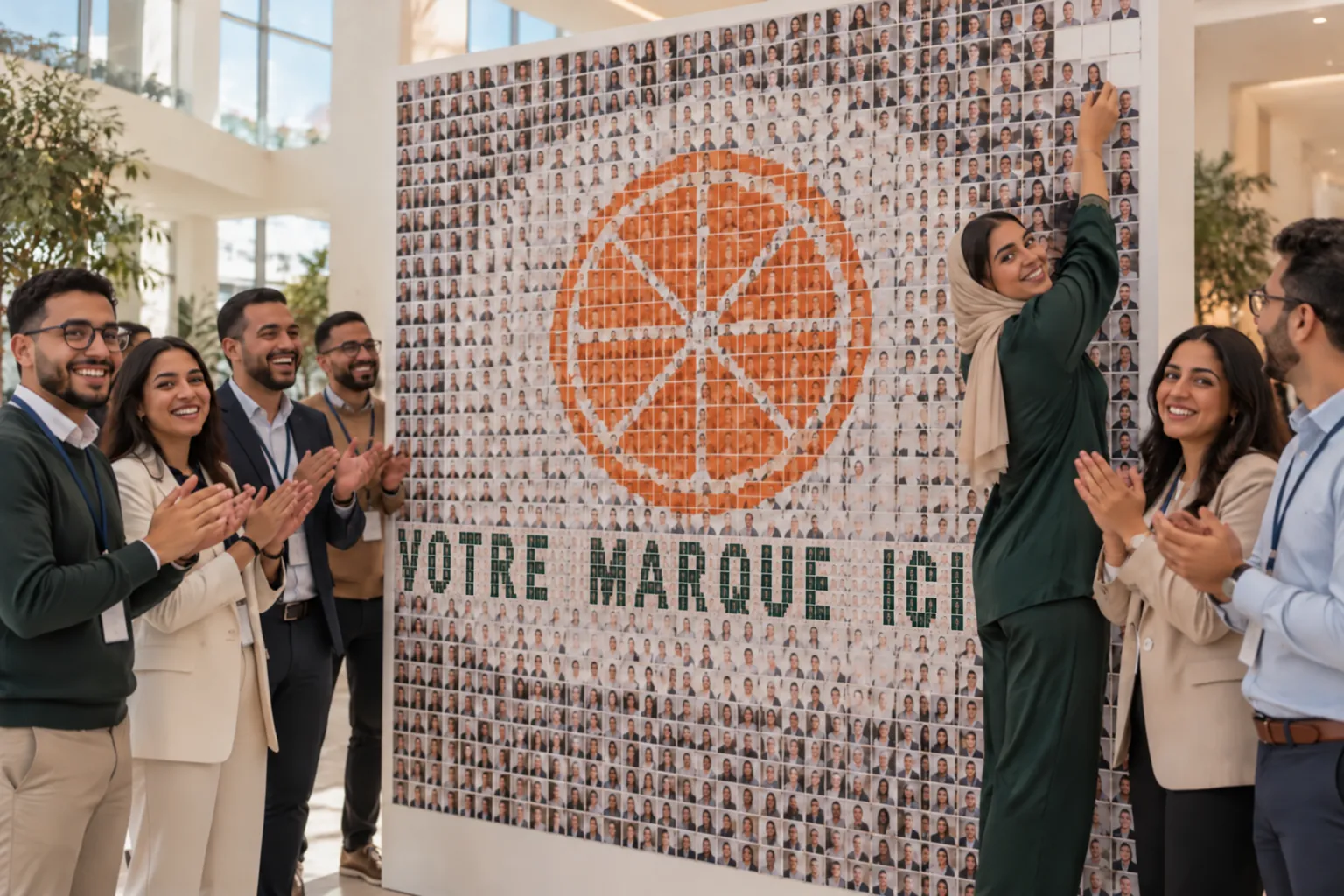 Une collaboratrice pose l’une des dernières tuiles d’une mosaïque de portraits qui forme un logo, sous les applaudissements de ses collègues