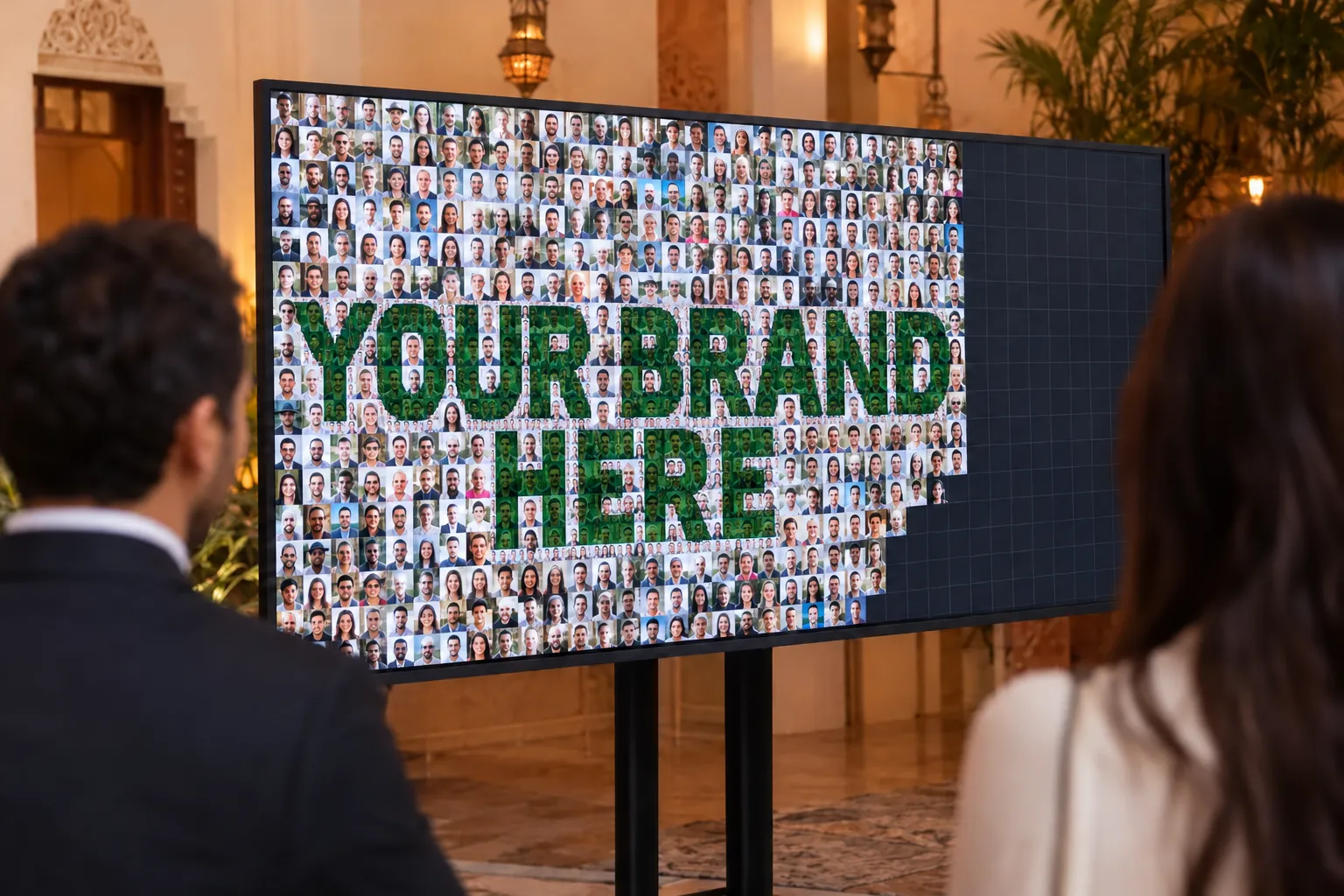 Guest portraits progressively reveal YOUR BRAND HERE on a large screen