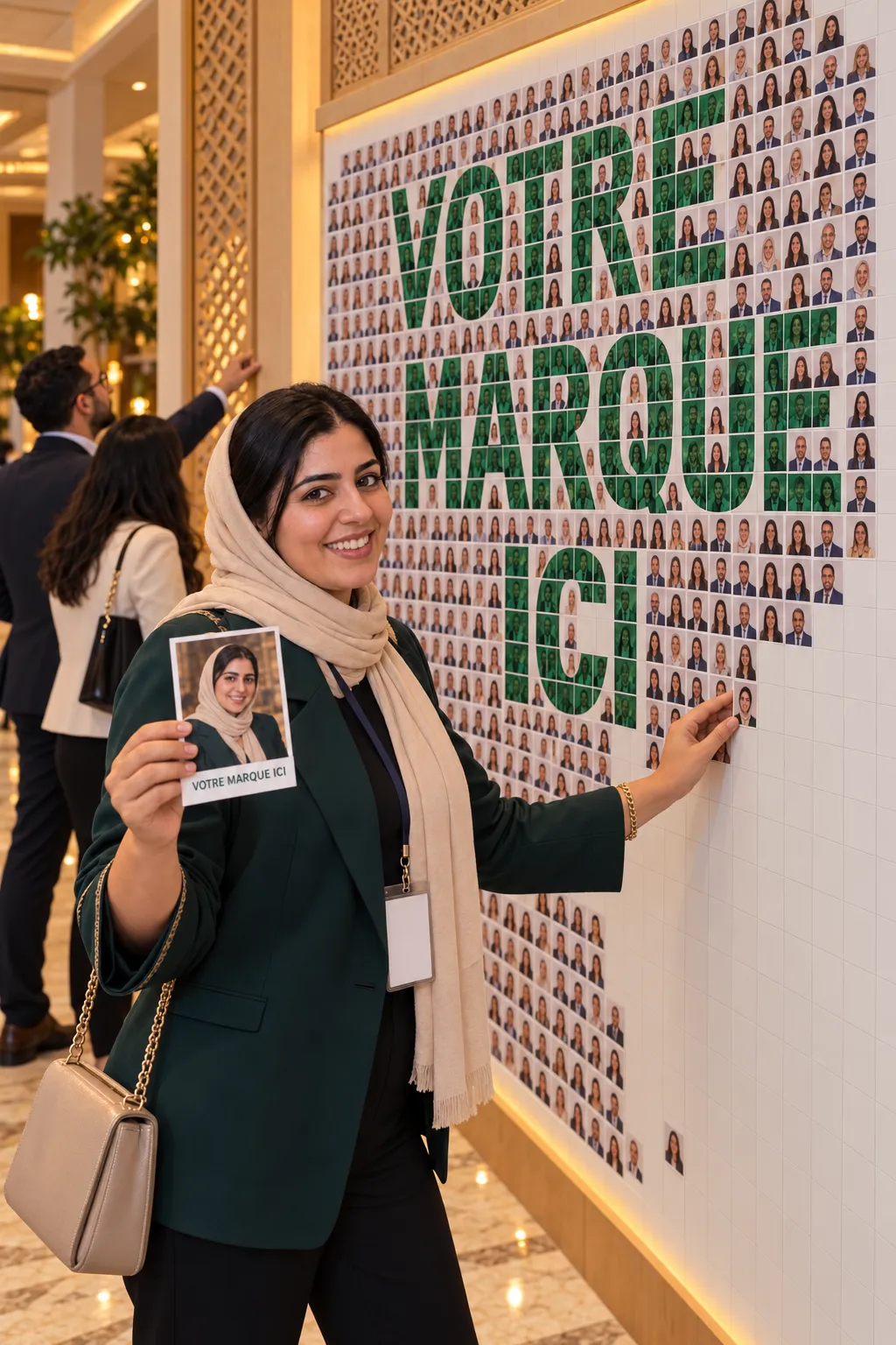 Devant la fresque qui forme « VOTRE MARQUE ICI », une invitée qui vient de coller sa photo présente son tirage 10 × 15 cm à vos couleurs
