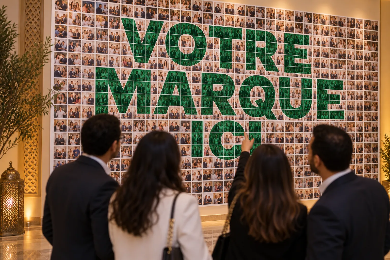 Quatre collègues reculent devant la fresque terminée : les portraits des invités forment « VOTRE MARQUE ICI »