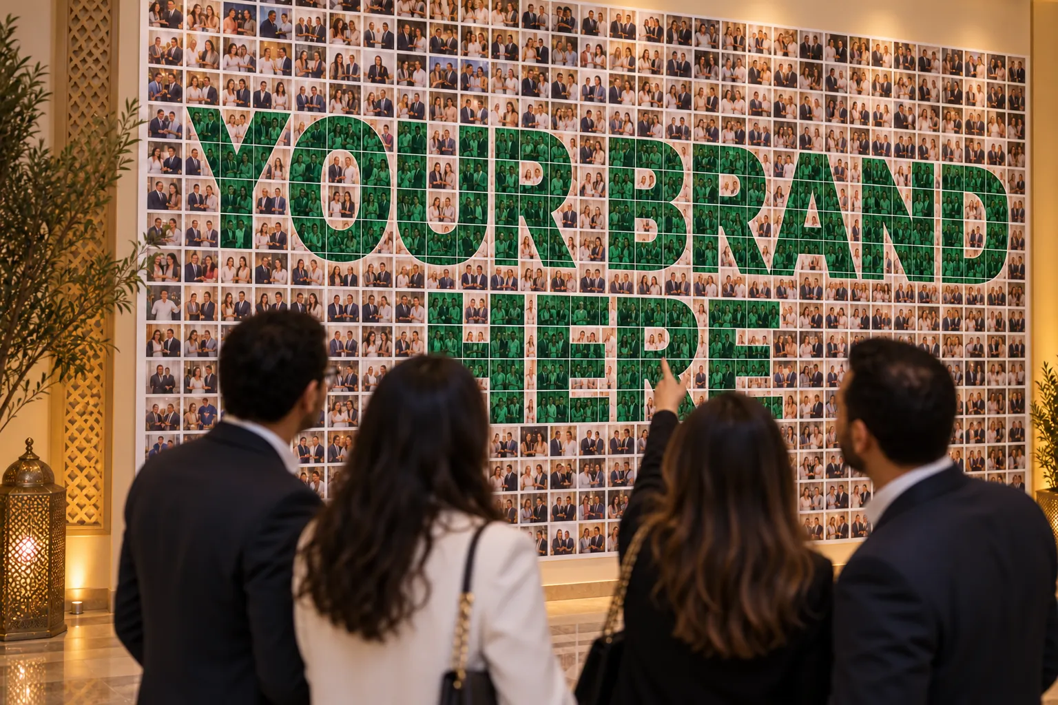 Colleagues looking at a completed photo mosaic wall that spells YOUR BRAND HERE