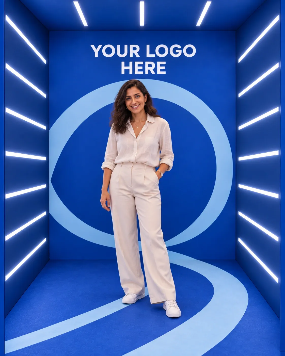 Une invitée en tenue crème photographiée de face et en pied dans le même décor cobalt, sous le logo Your logo here.