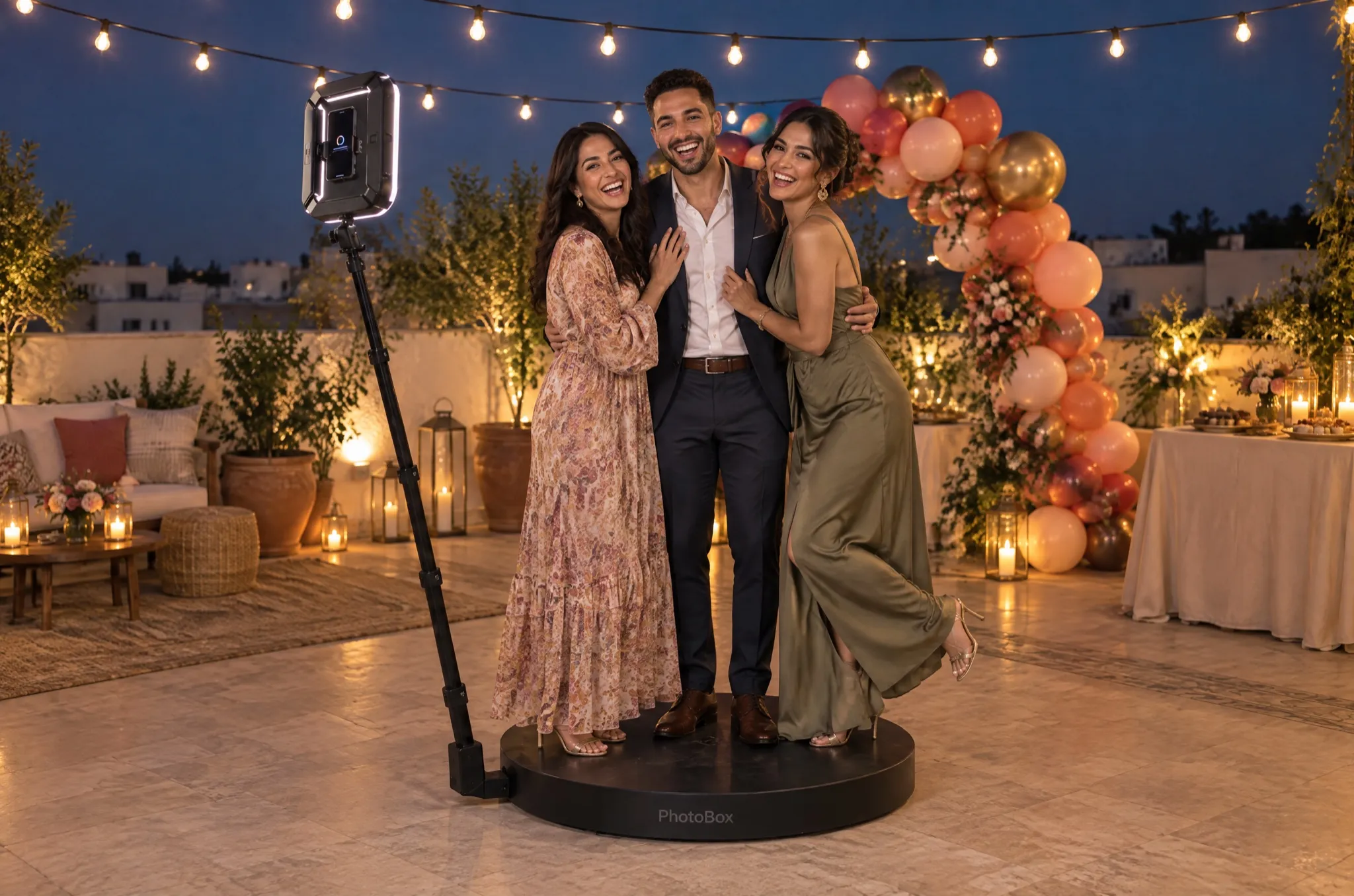Trois amis rient sur une borne 360° lors d’un anniversaire sur un rooftop, arche de ballons au fond