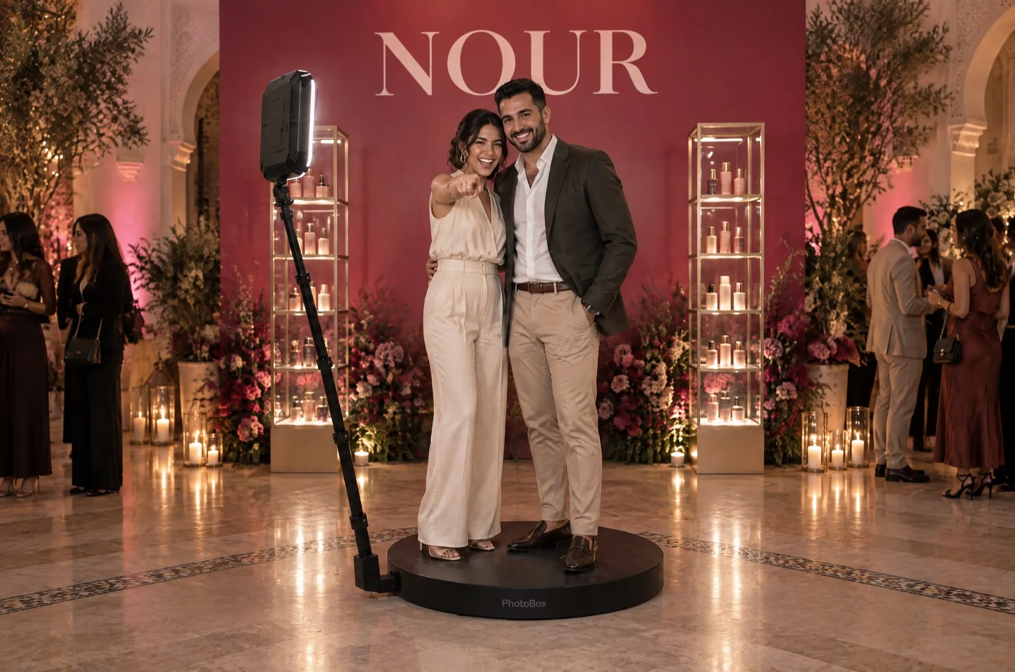 A couple poses on the 360 video platform in front of a brand backdrop at a launch
