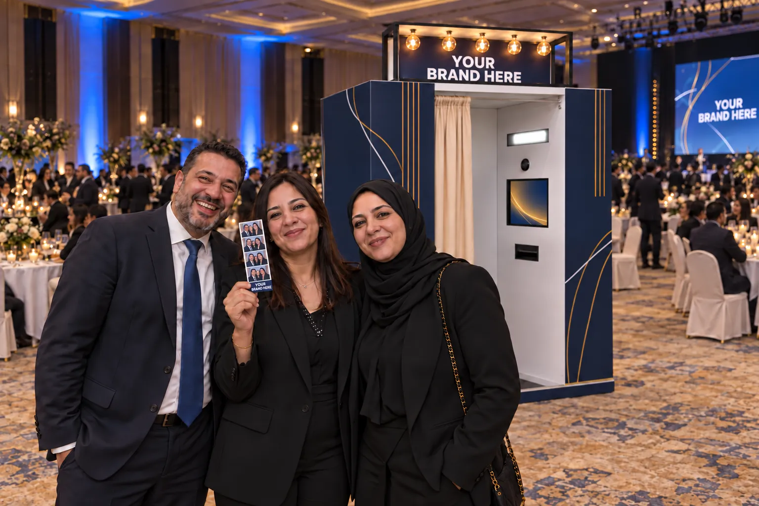 Three colleagues show their photo strip beside a curtain booth in your brand colours at a company gala