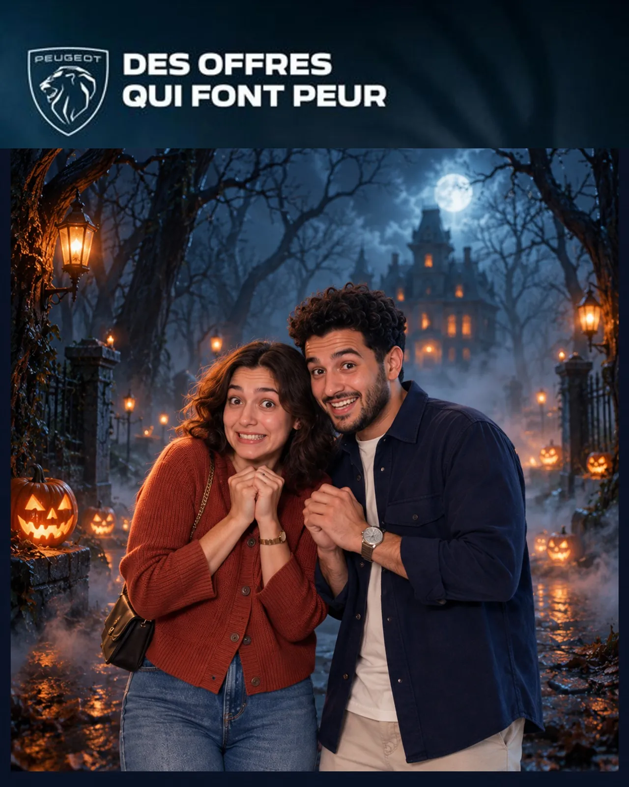 Photo finale : deux visiteurs détourés dans une forêt brumeuse, cadre « Des offres qui font peur »