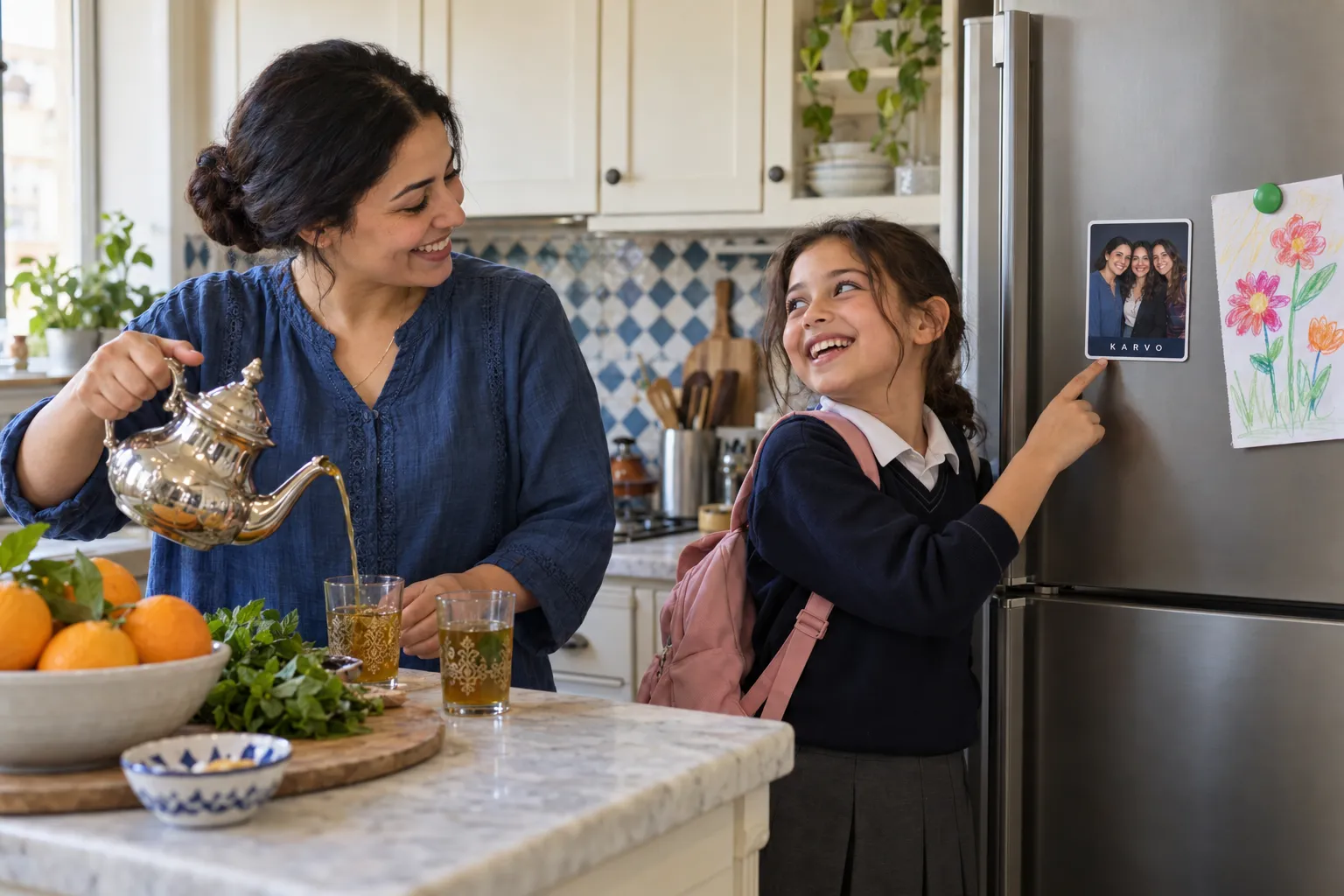 Le matin, dans la cuisine, une fillette montre à sa mère l’aimant photo collé sur le frigo, où sa mère pose avec deux collègues