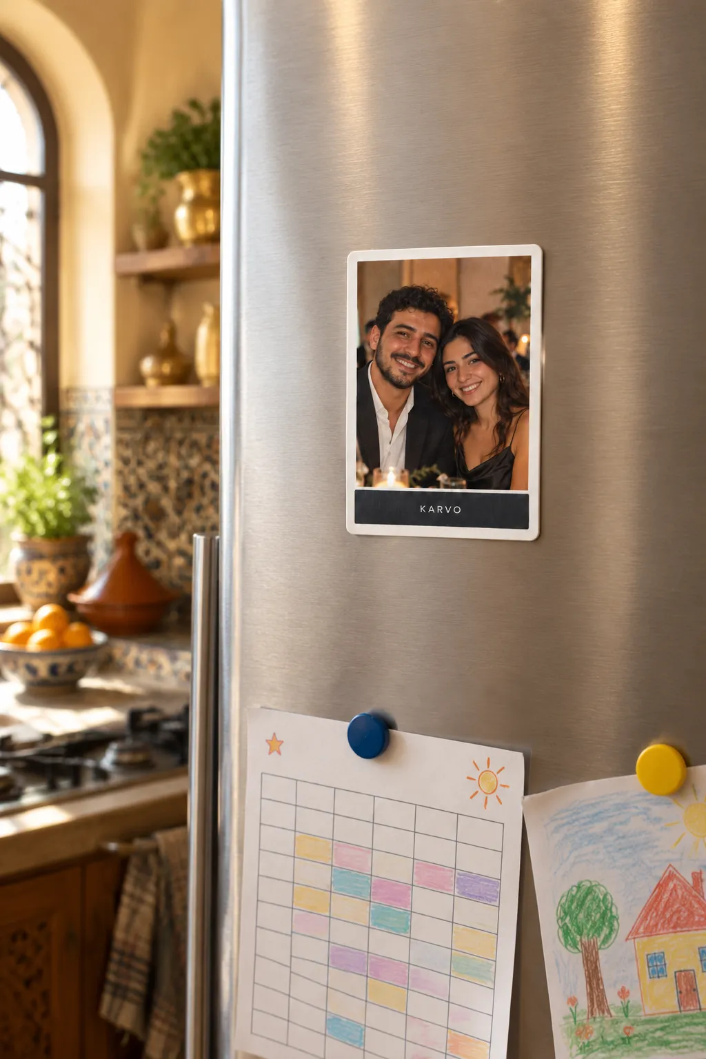 L’aimant photo collé sur la porte du frigo, au-dessus d’un dessin d’enfant et d’un planning