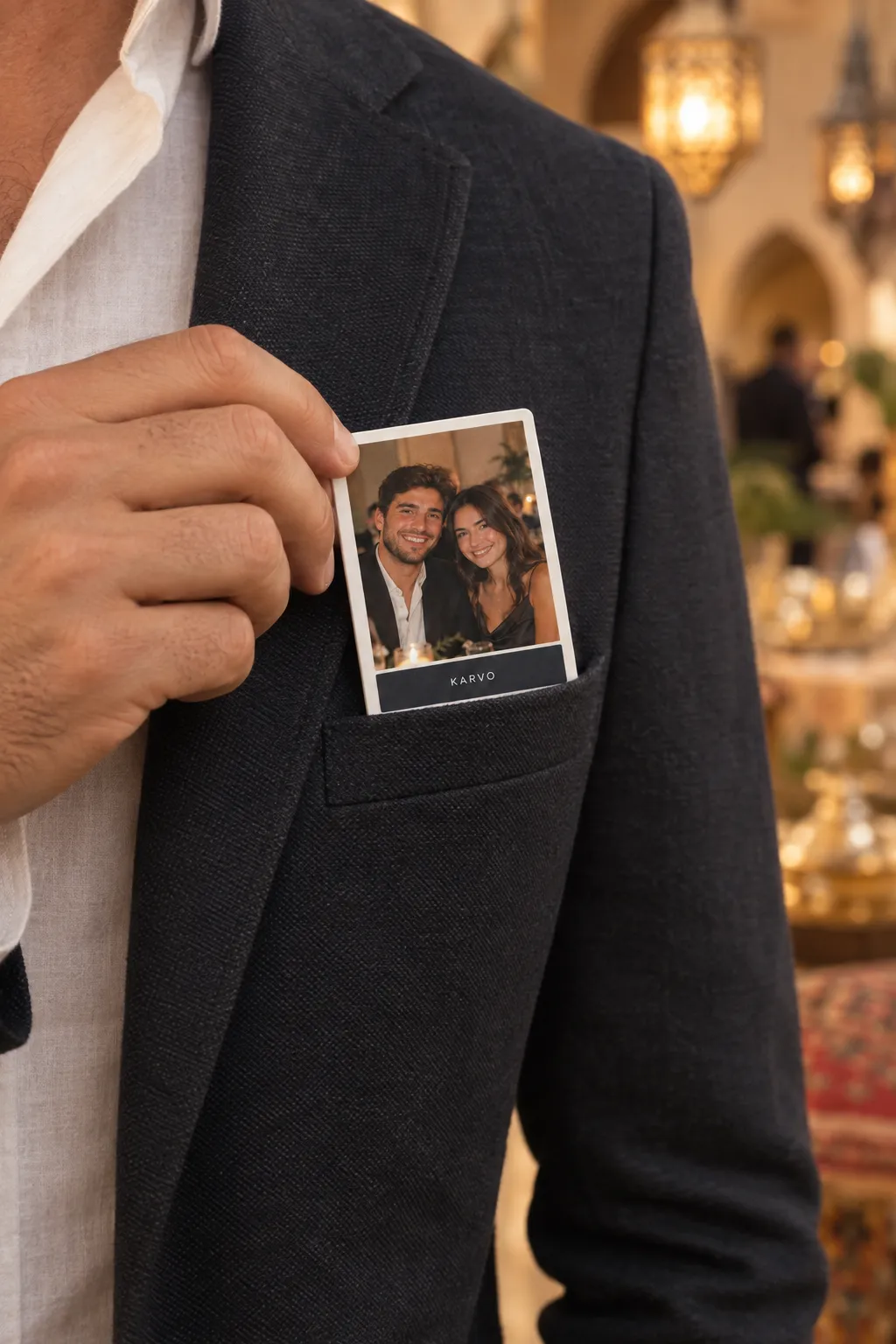 En quittant la soirée, un invité glisse son aimant photo dans la poche de sa veste