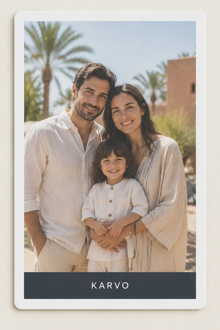 Un aimant photo au cadre de marque : une famille de trois personnes lors d’un événement