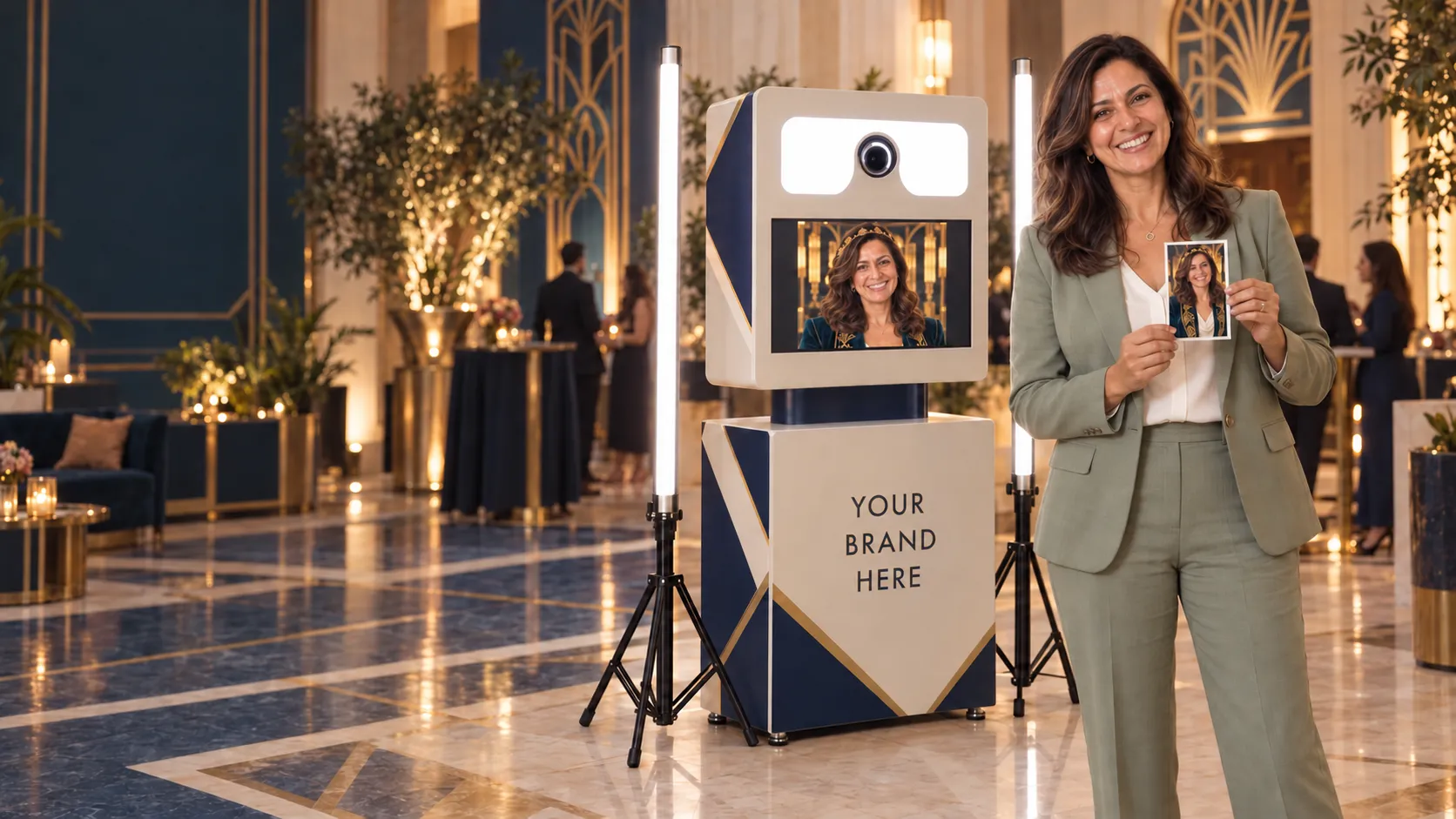 A guest presents her AI portrait beside a navy-and-gold photo booth wrapped with Your Brand Here artwork