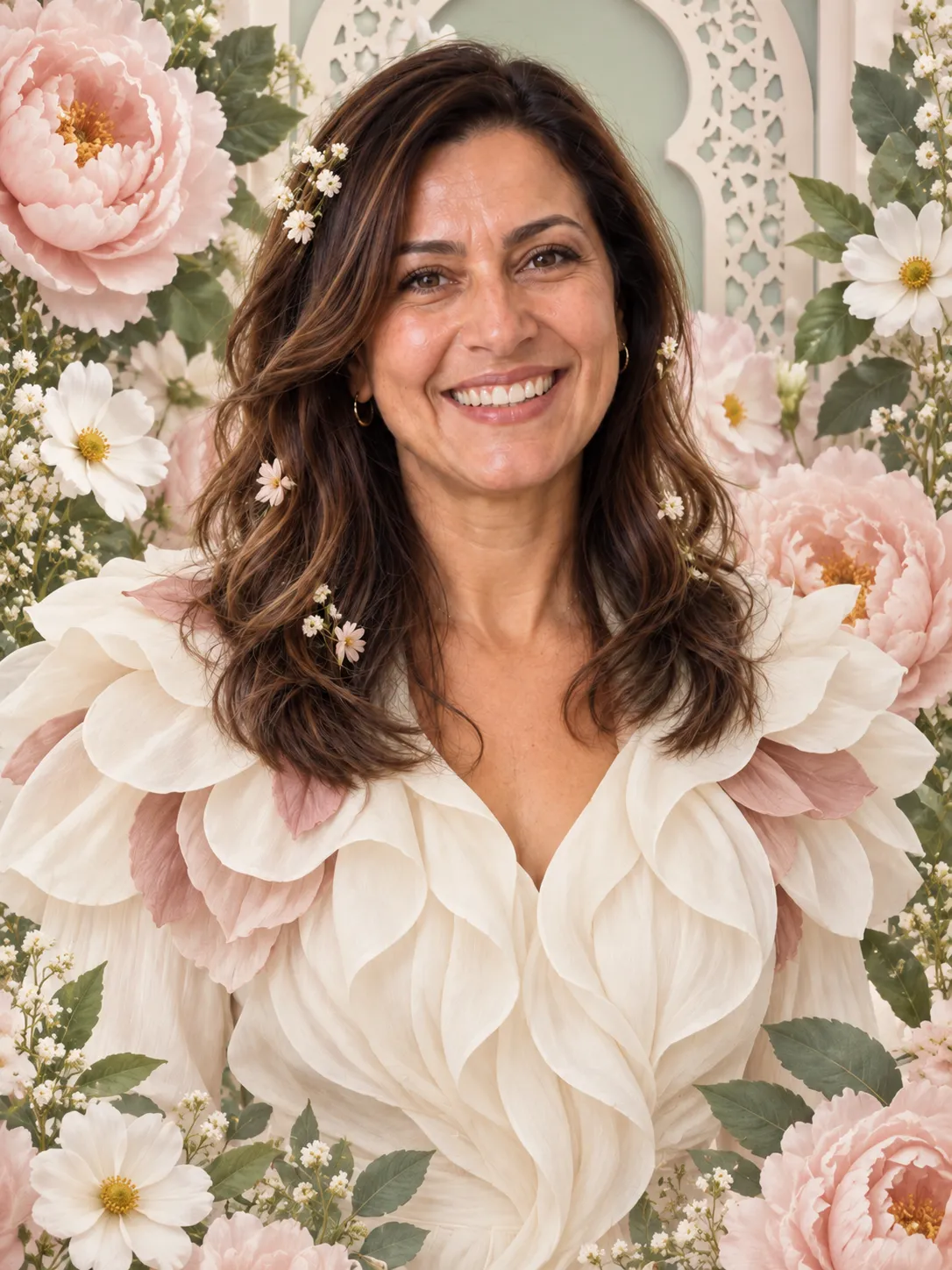 La même invitée dans un univers floral, blouse à pétales et arches de papier